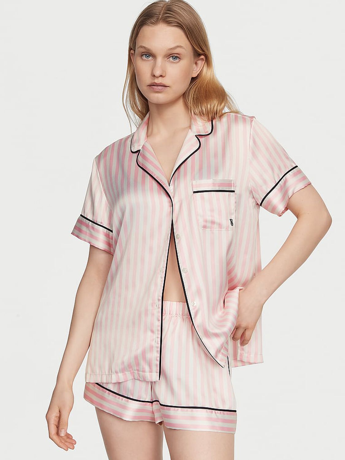 vs Victoria's Secret Satin Short Pajama Set Pink Iconic Strape 1 of 4 