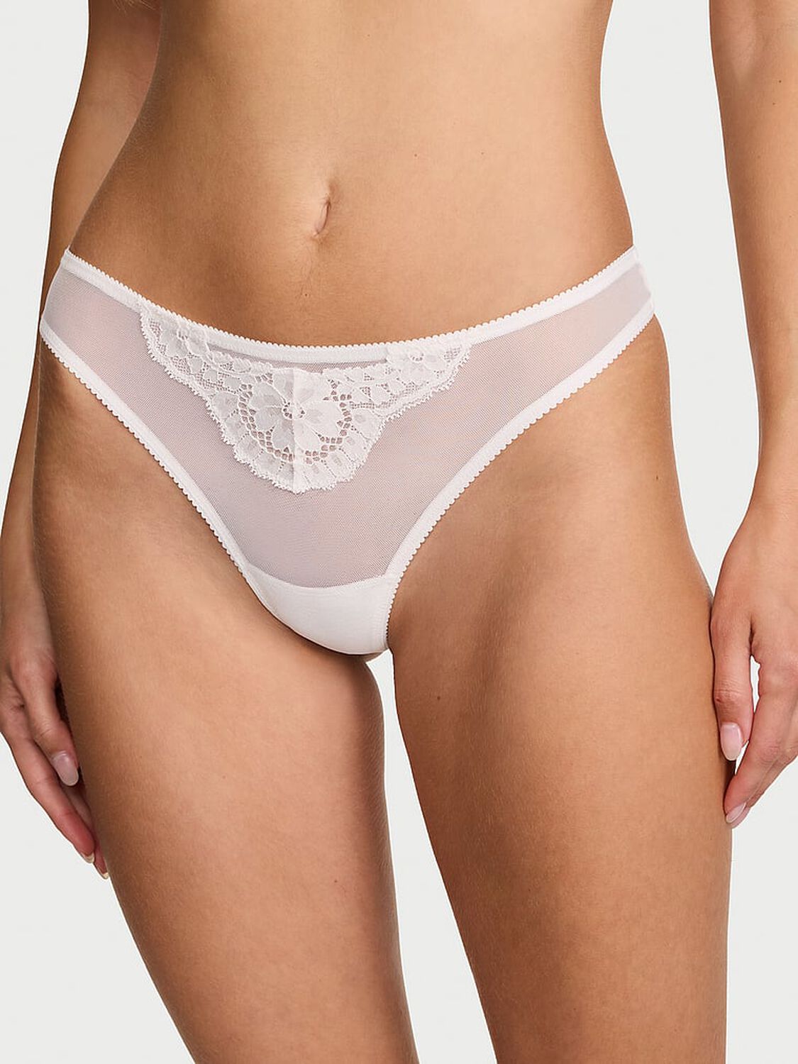 vs Dream Angels Mesh Lace-Trim Twinkle Bow Thong Panty Coconut White 1 of 4 
