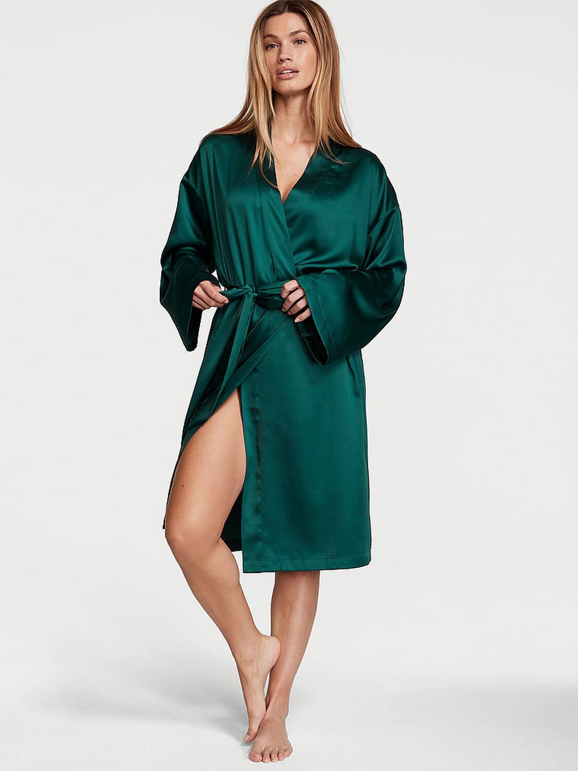 vs Victoria's Secret Satin Midi Robe Mystique Green 1 of 3 