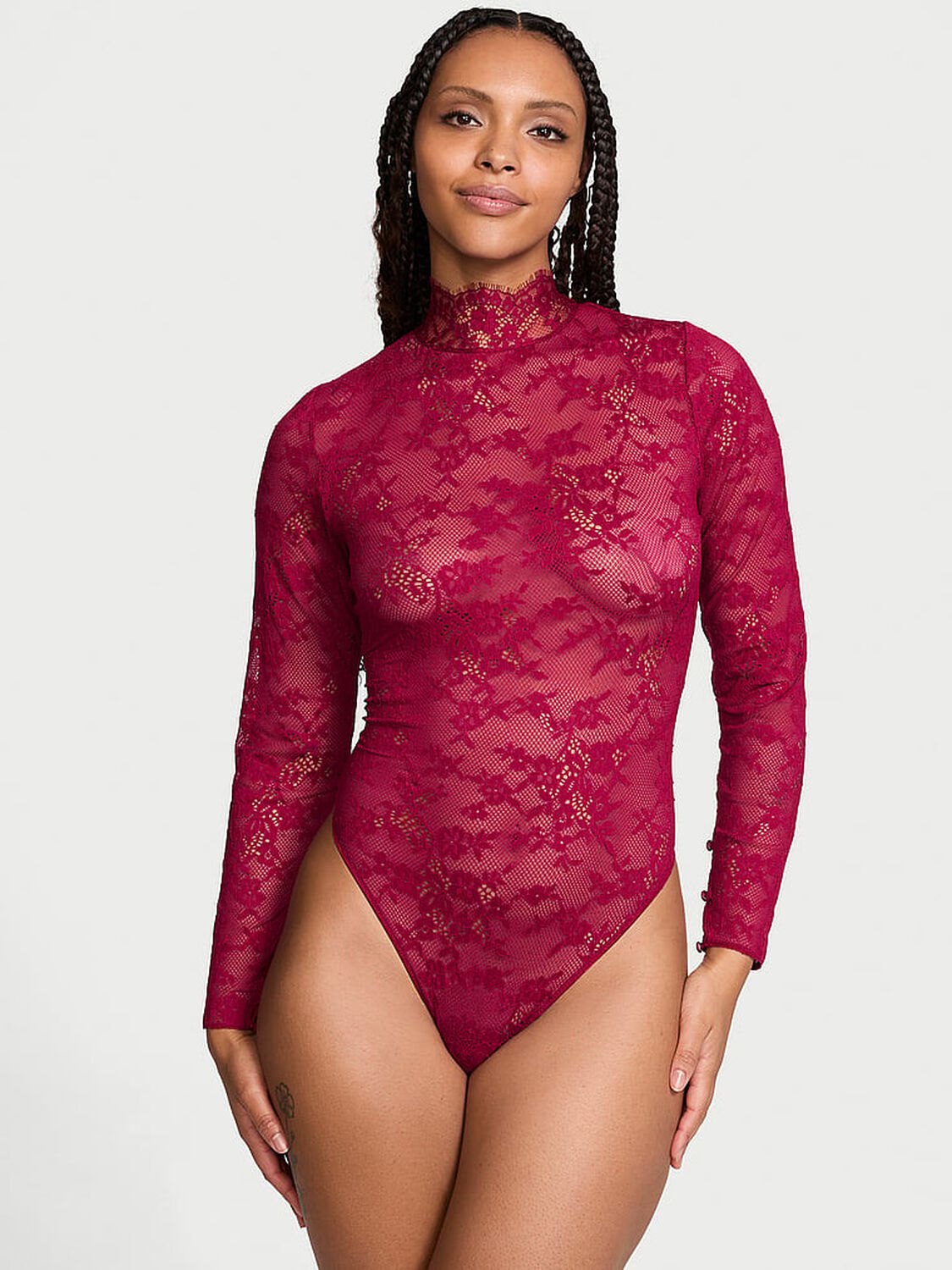 vs Dream Angels Lace Long-Sleeve Bodysuit Campari Red 1 of 2 