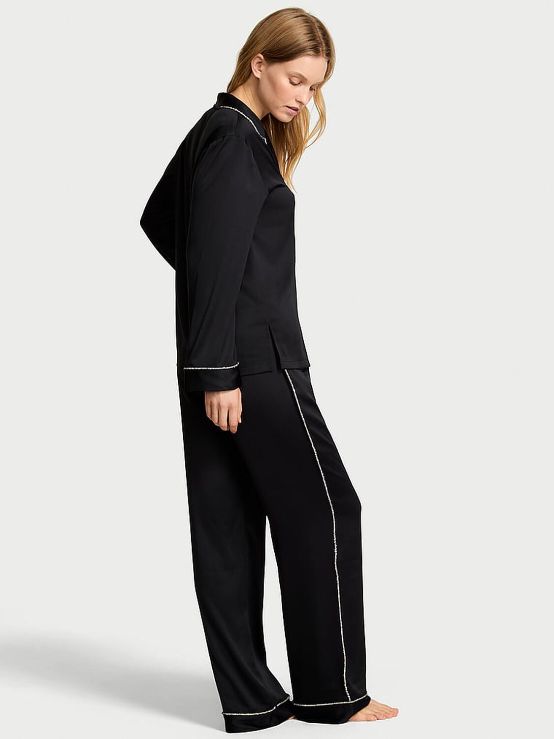 vs Victoria's Secret Glazed Satin Shine Long Pajama Set Pure Black 2 of 3 