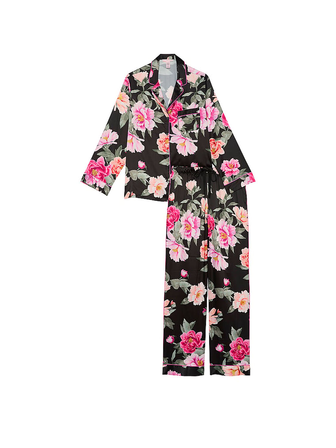 vs Victoria's Secret Glazed Satin Long Pajama Set Black Floral Bouquet 3 of 3 