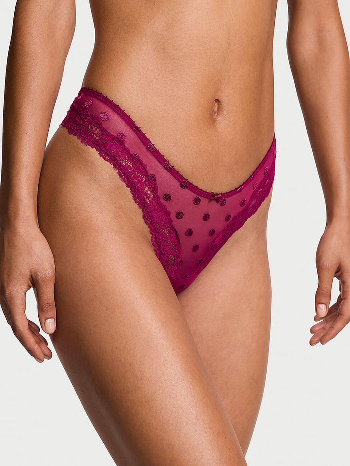 vs Very Sexy Sheer Heritage Dot Lace-Trim Thong Panty Fresh Jam 1 of 3 