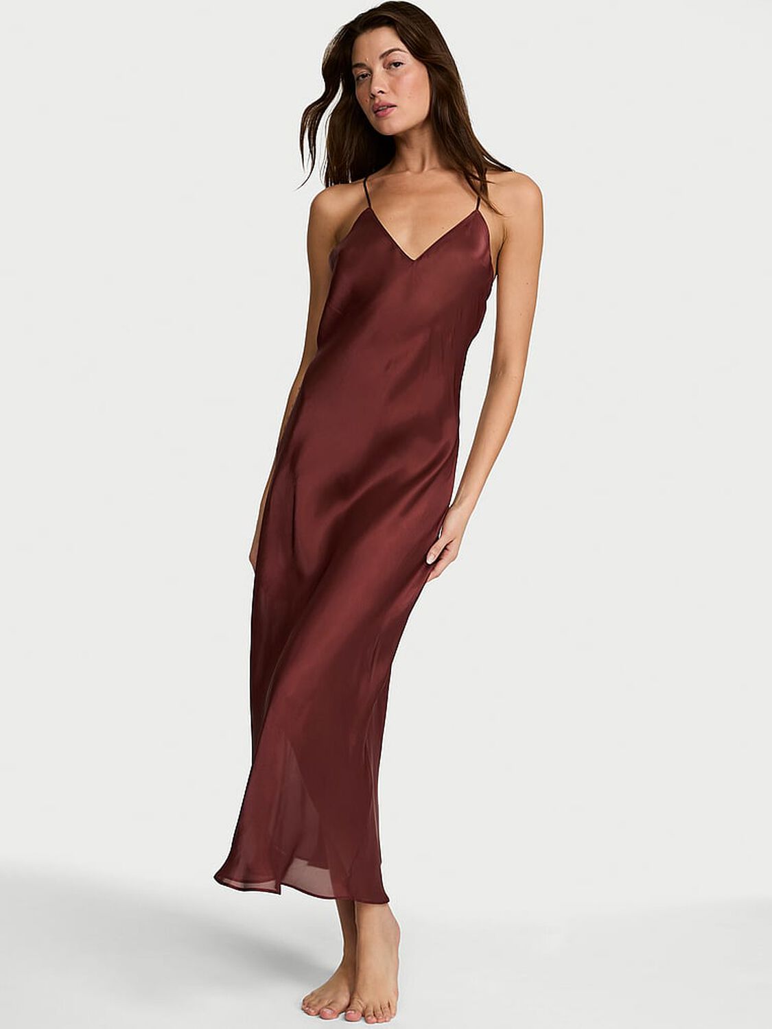 vs Victoria's Secret Luxe Sheer Satin Long Slip Dress Cherry Wood 1 of 3 
