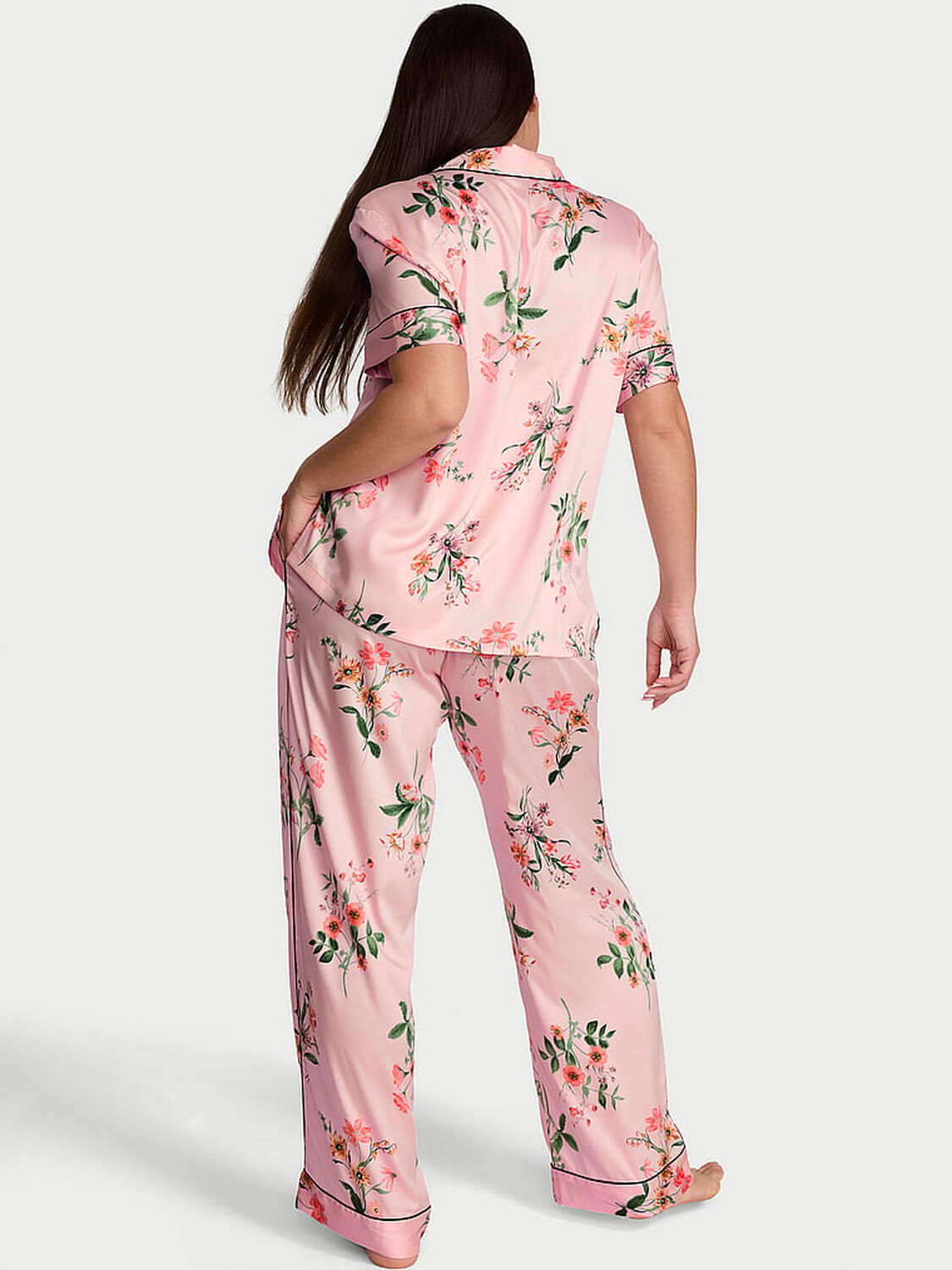 vs Victoria's Secret Glazed Satin Short-Sleeve Long Pajama Set Angel Pink Botanical 2 of 2 