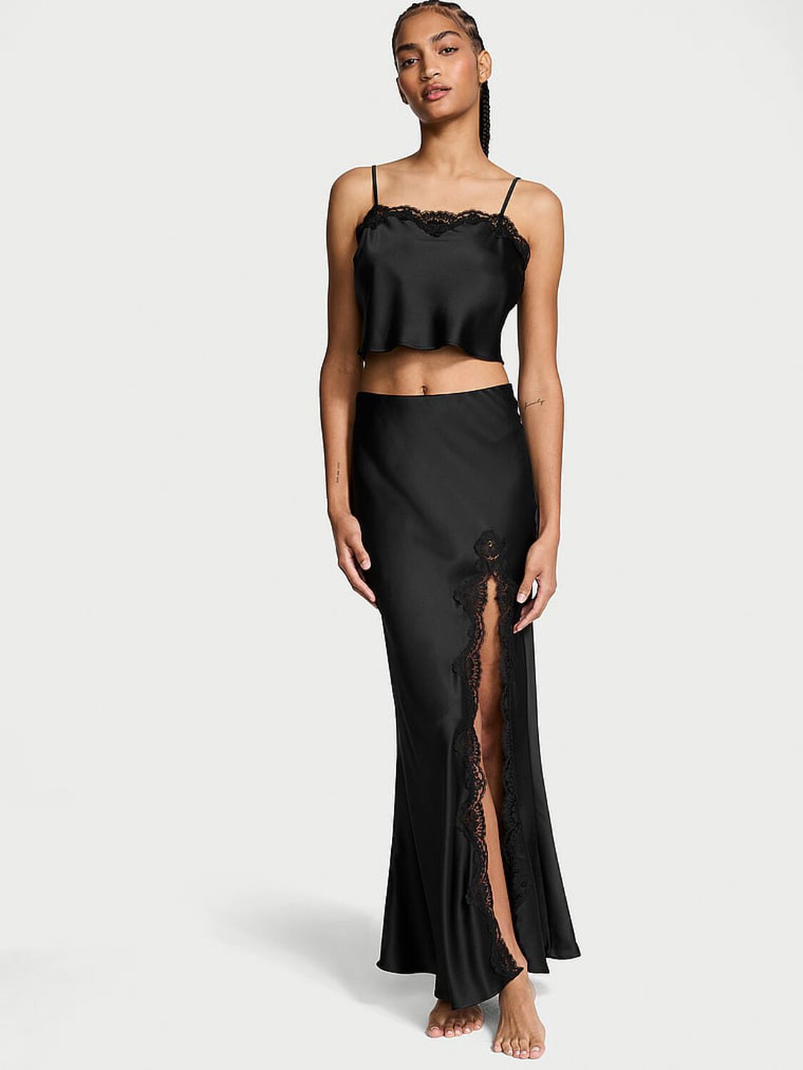 vs Victoria's Secret Satin Lace-Trim Cropped Top & Slip Skirt Set Black 1 of 3 