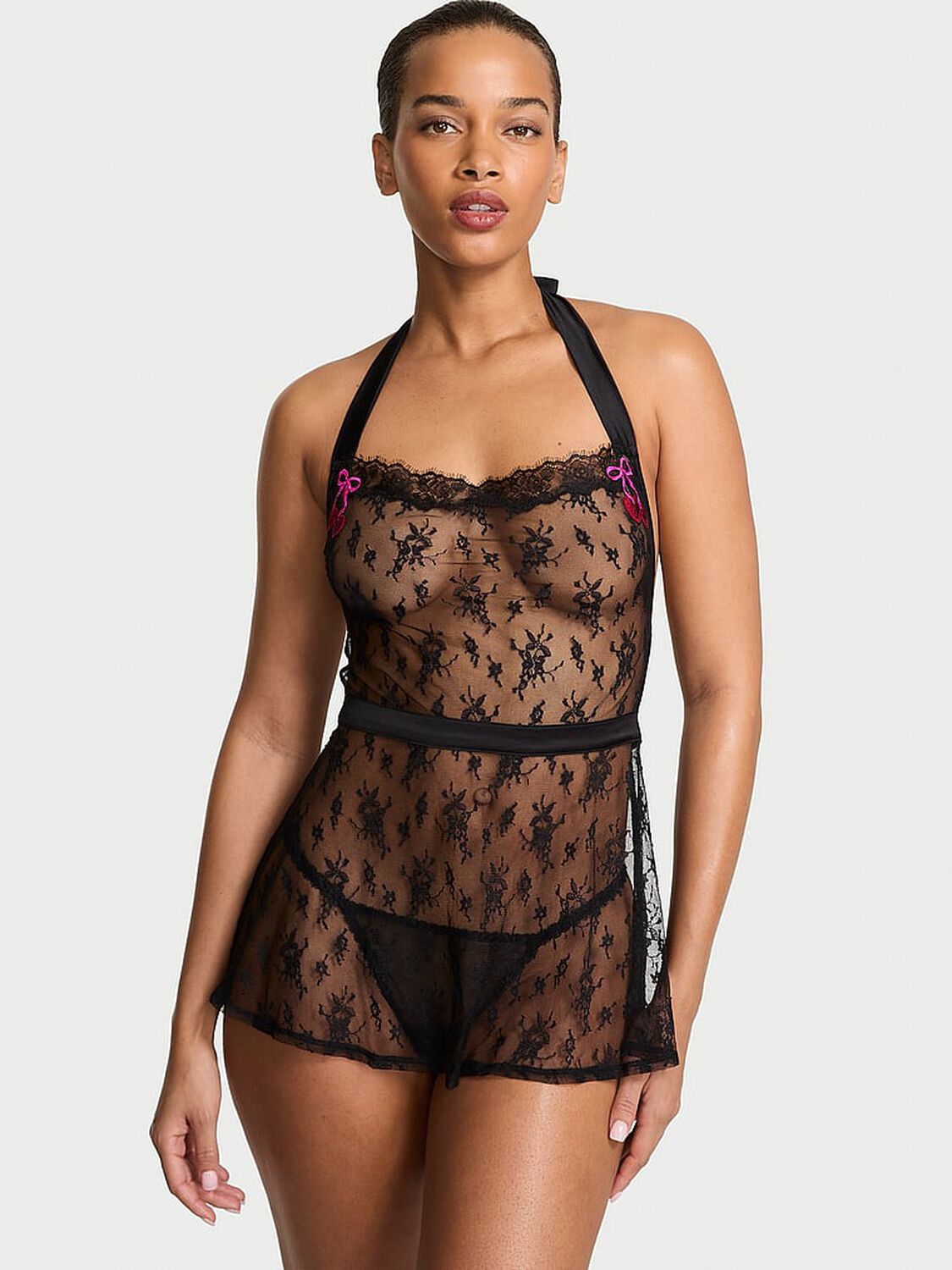 vs Very Sexy Cherry Pop Embroidery Lace Apron Babydoll Set Black 1 of 2 