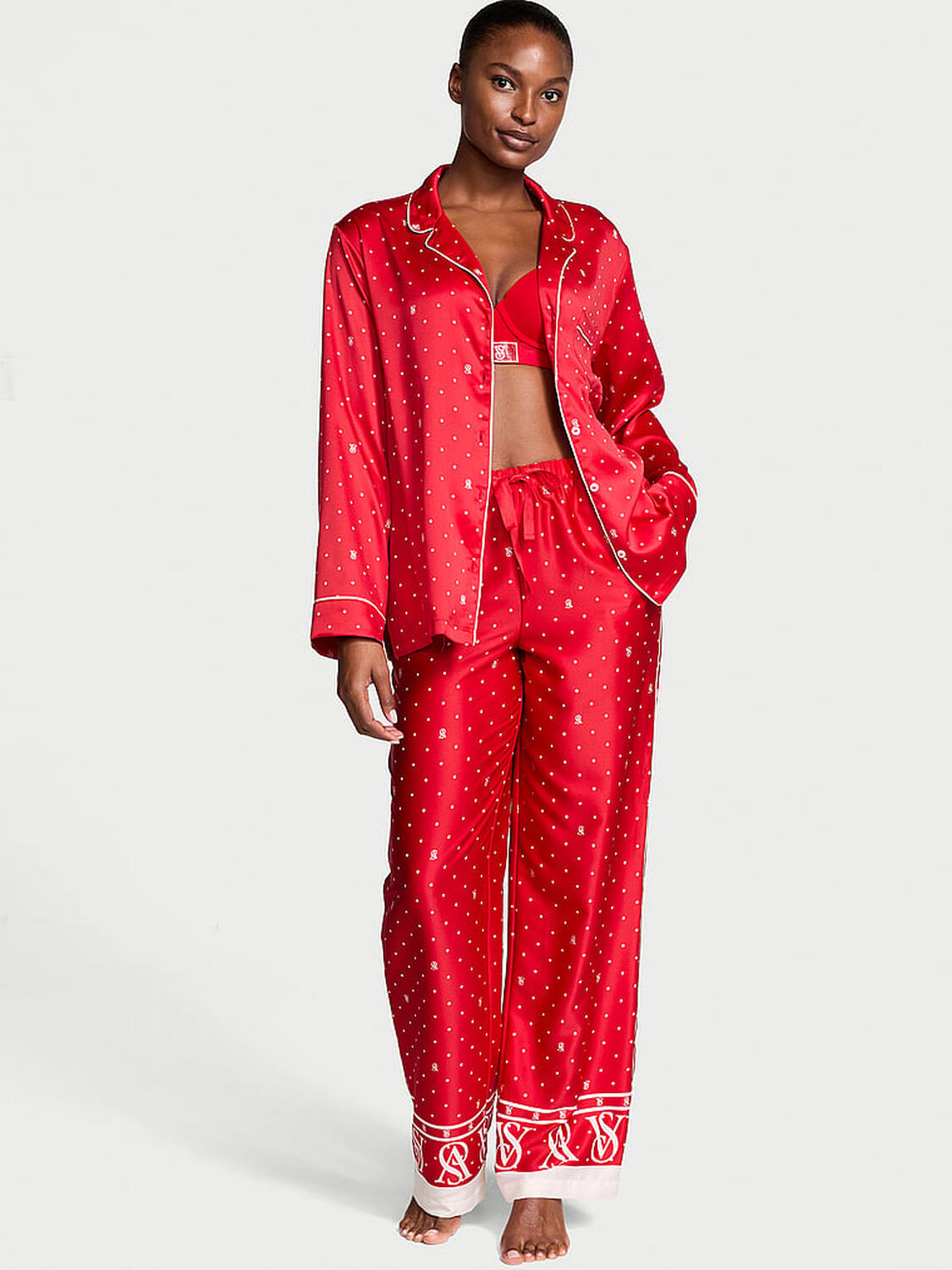 vs Victoria's Secret Glazed Satin Long Pajama Set Lipstick 1 of 4 