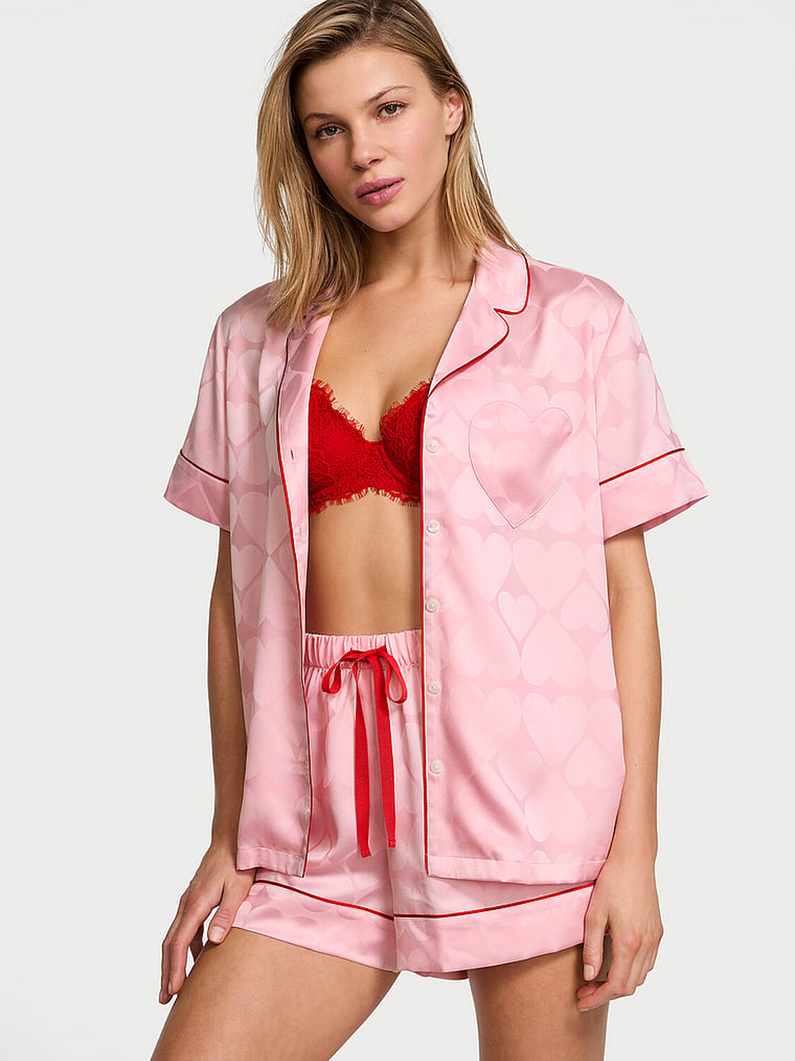 vs Victoria's Secret Glazed Satin Heart Short Pajama Set Pretty Blossom 1 of 4 
