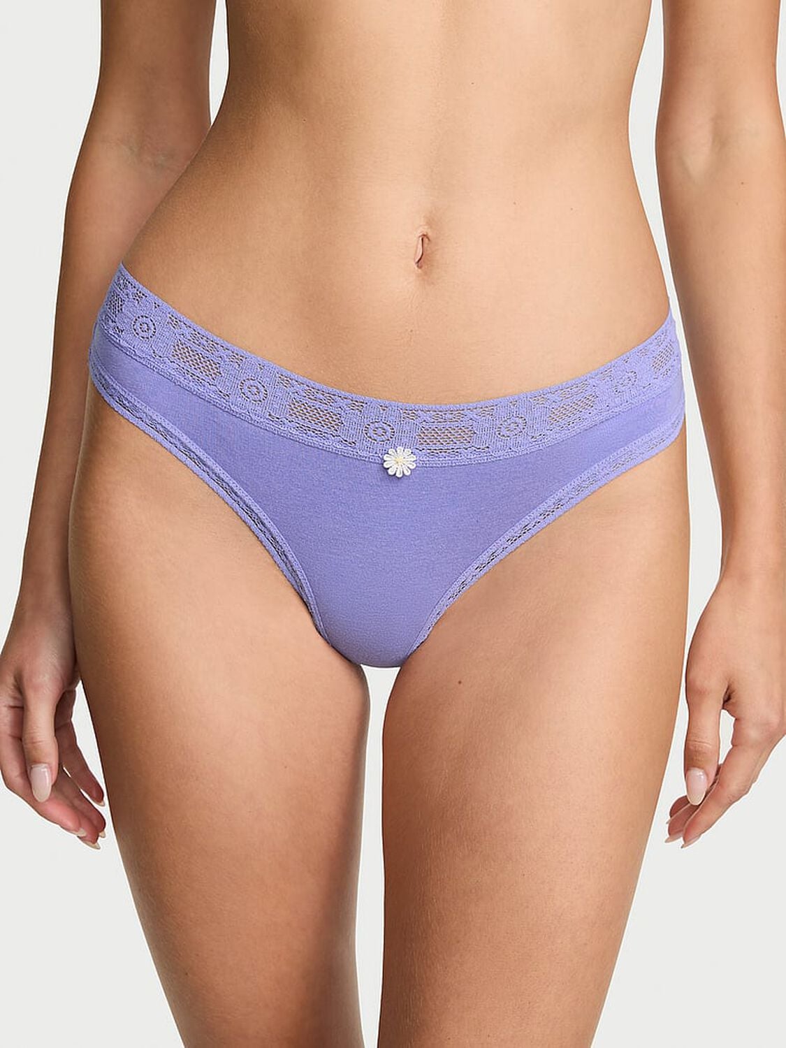 vs Lace Trim Cotton Lace-Trim Thong Panty Verywinkle 1 of 4 