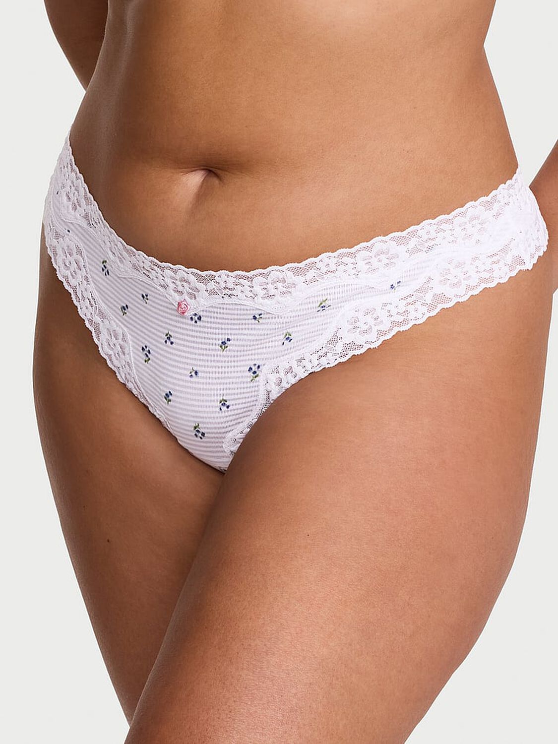 vs Lace Trim Cotton Shadow Stripe Lace-Waist Thong Panty White Floral 1 of 3 