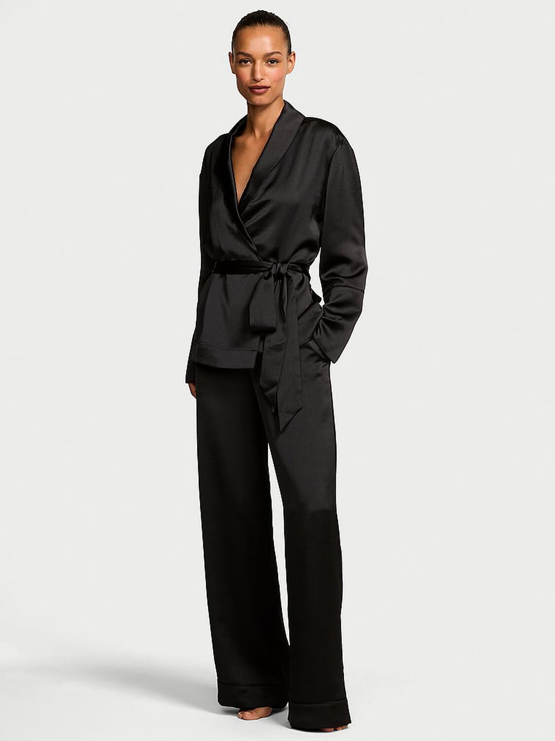 vs Victoria's Secret Luxe Satin Wrap Top & Pant Set Black 1 of 2 