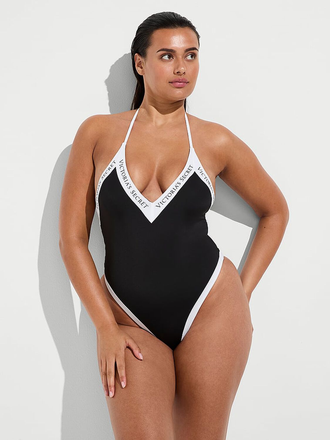vs Victoria's Secret Swim Iconic Logo Plunge One-Piece Swimsuit Black 1 of 3 