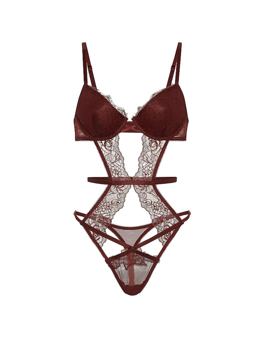 vs Very Sexy Rose Lace Lightly Lined Strappy Teddy Dark Chili 3 of 3 