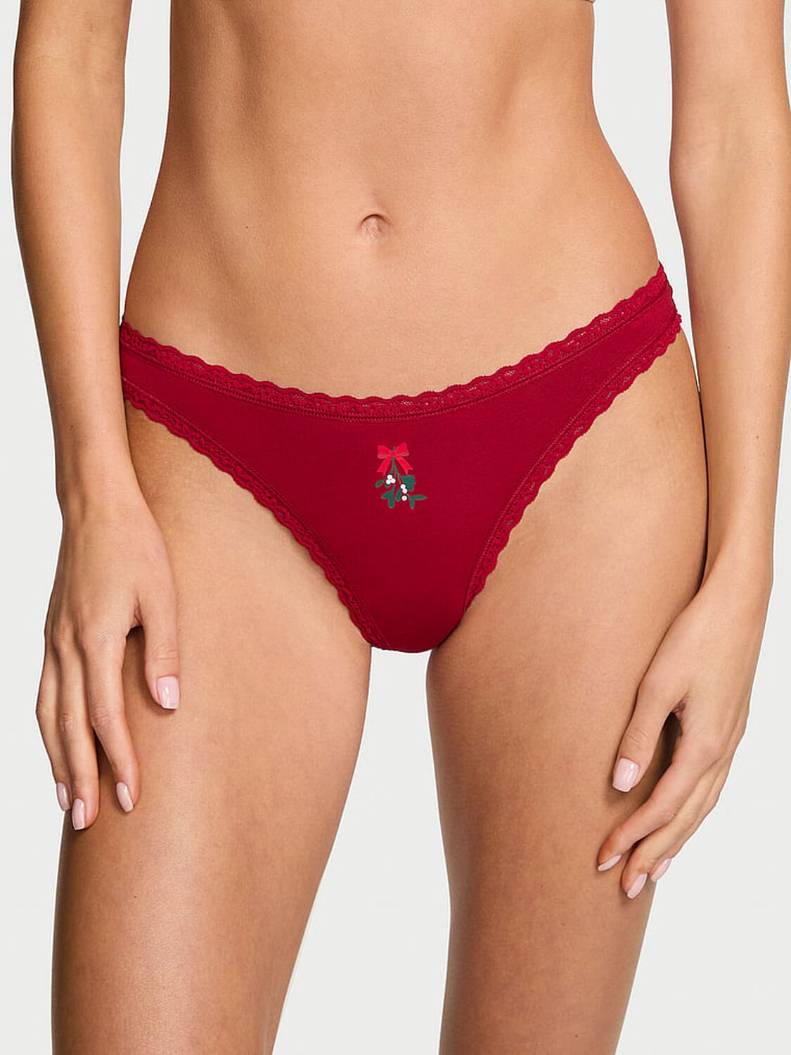 vs Lace Trim Cotton Lace-Waist Thong Red Lacquer Mistletoe 1 of 2 