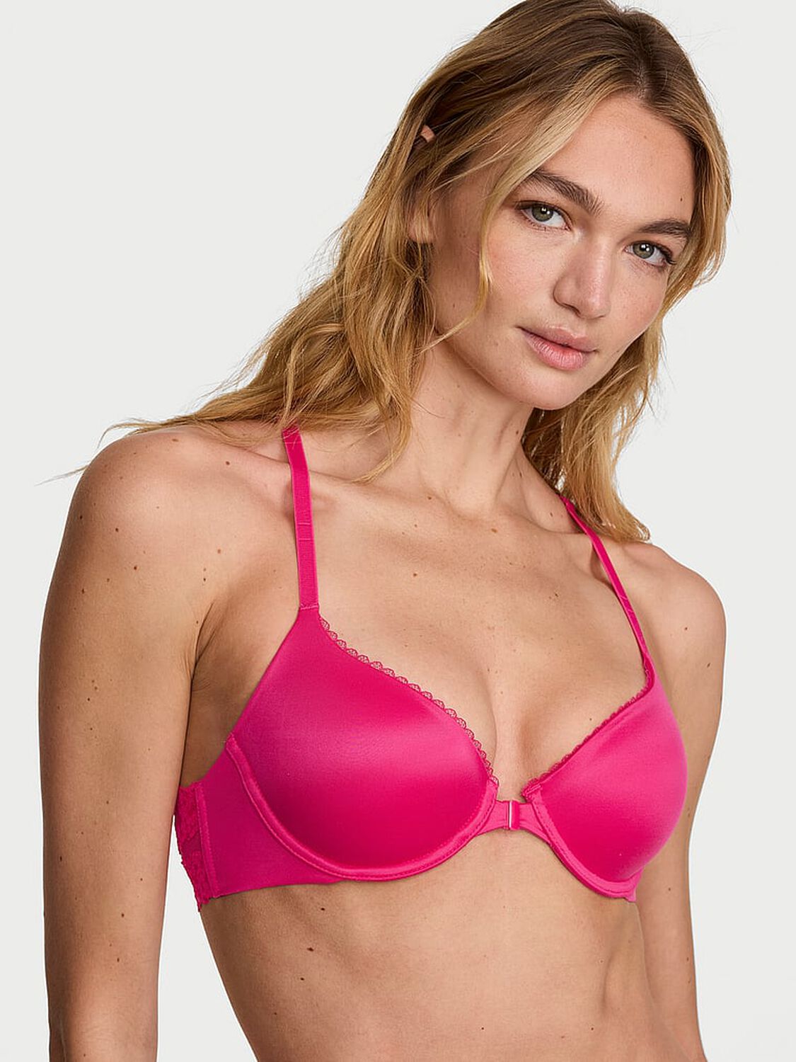 vs Body By Victoria Lightly Lined Lace Racerback Demi Bra Pop Pink 1 of 3 