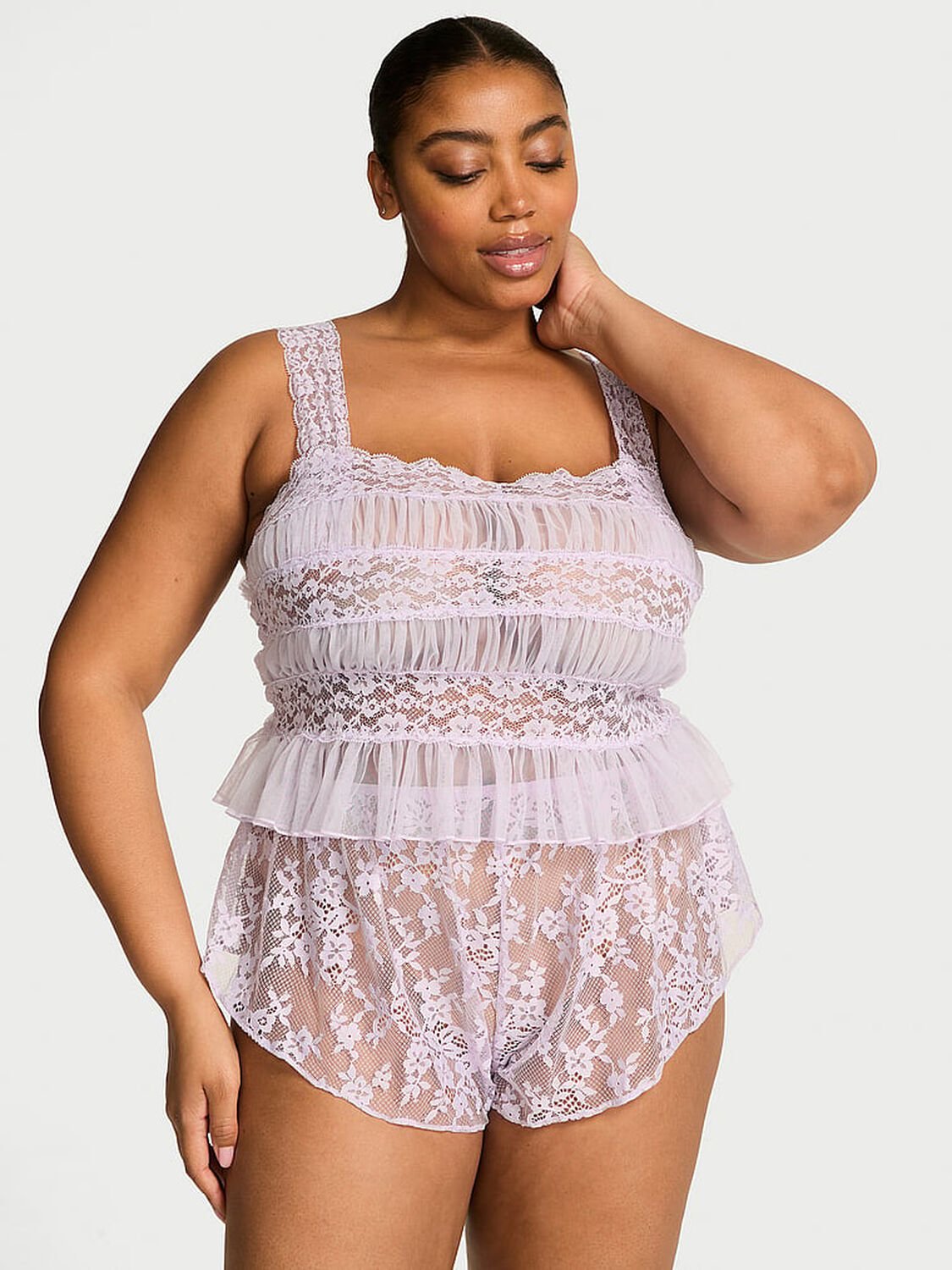 vs Victoria's Secret Dare to Dream Lace Sheer Cami & Flutter Short Set Feather Lilac 1 of 3 