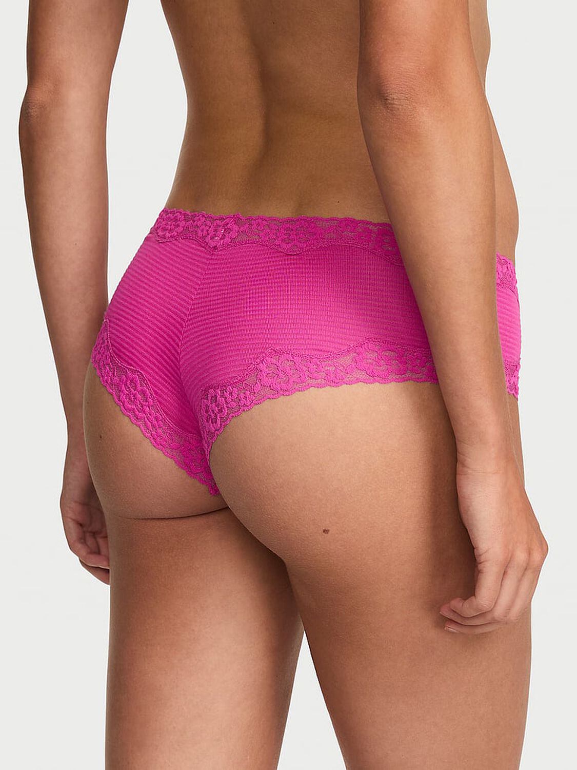 vs Lace Trim Cotton Shadow Stripe Lace-Waist Cheeky Panty Pink Fire 2 of 3 