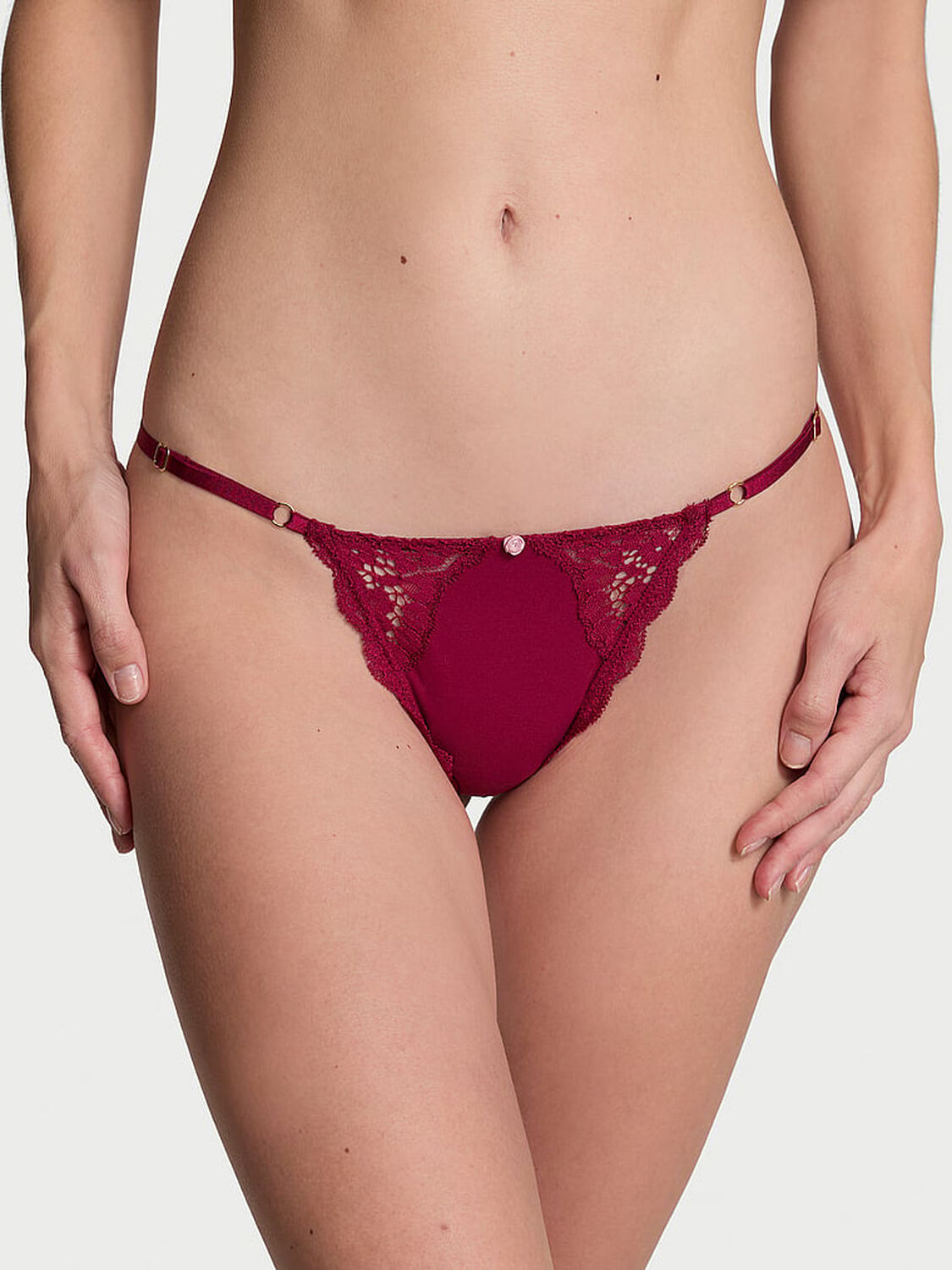 vs Dream Angels Lace-Trim Adjustable V-String Panty Campari Red 1 of 4 