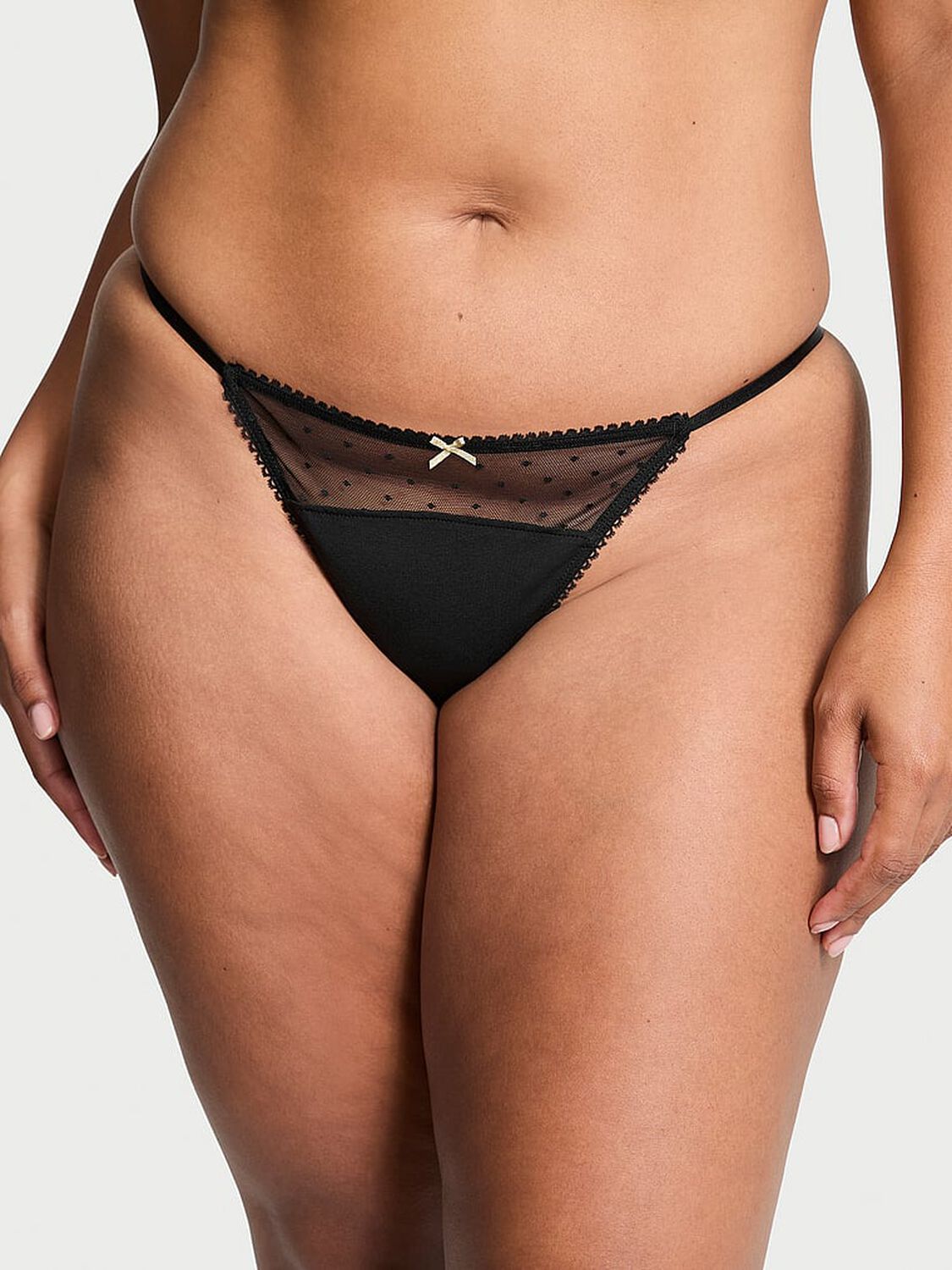 vs Victoria's Secret Stretch Cotton Dot Mesh V-String Panty Black 1 of 3 