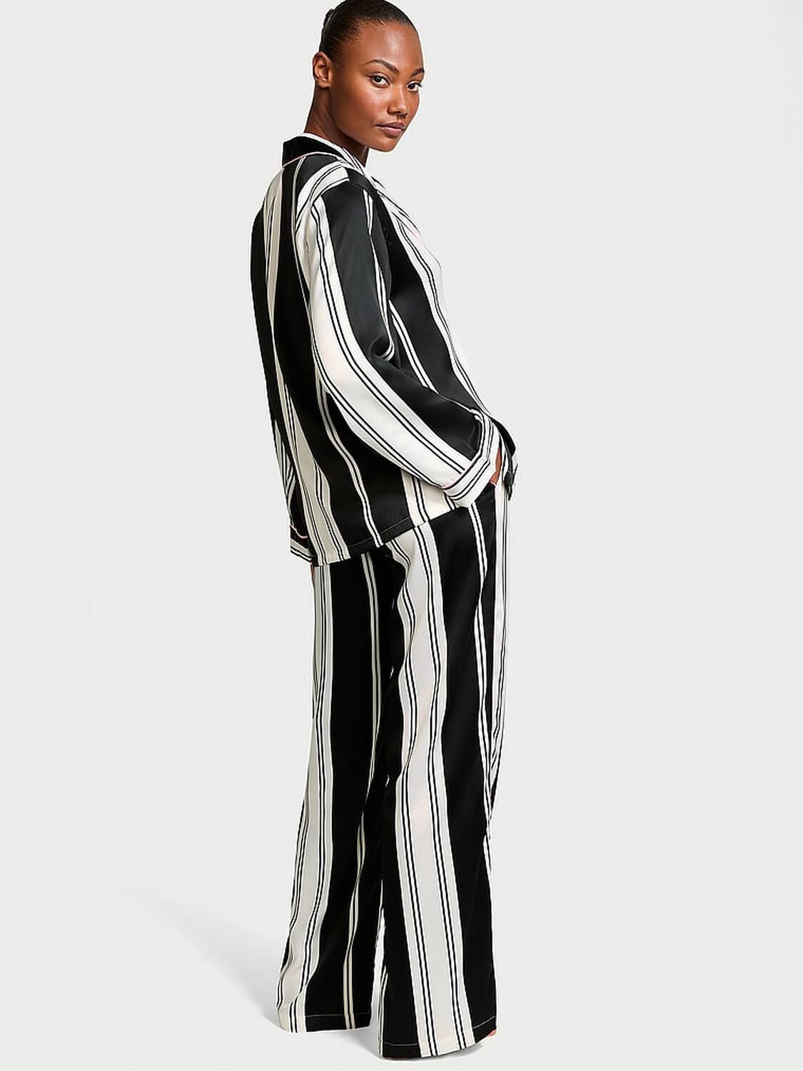 vs Victoria's Secret Satin Long Pajama Set Coconut White & Black Stripes 2 of 4 
