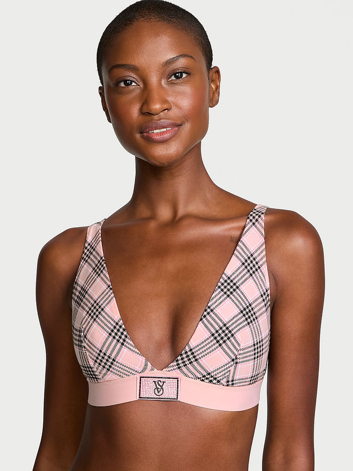 vs The T-Shirt Shine Patch Wireless Plunge Bralette Pink Plaid 1 of 4 