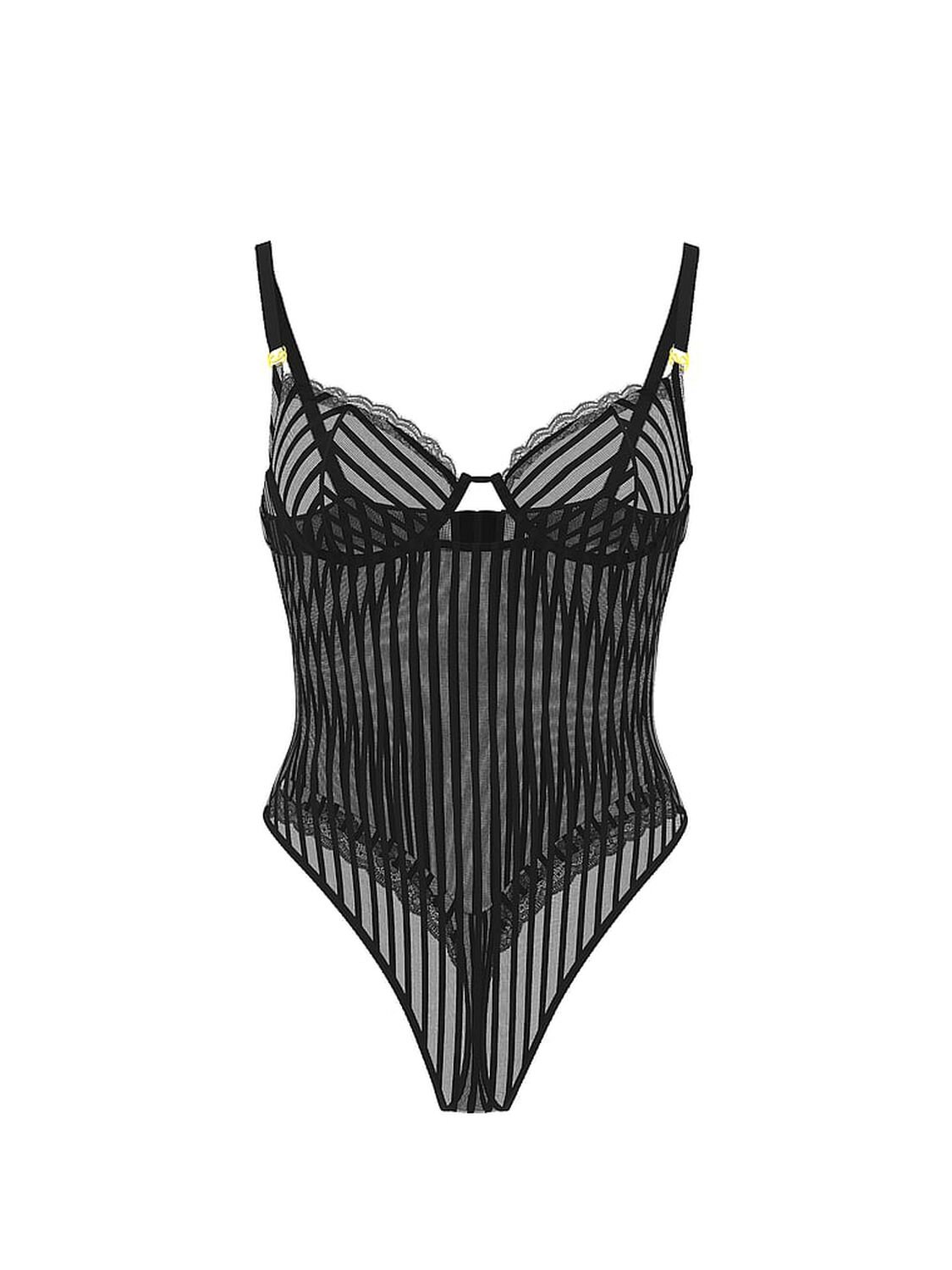 vs Victoria's Secret Tease Sheer Stripe Lace-Trim Cupped Bodysuit Black 3 of 3 