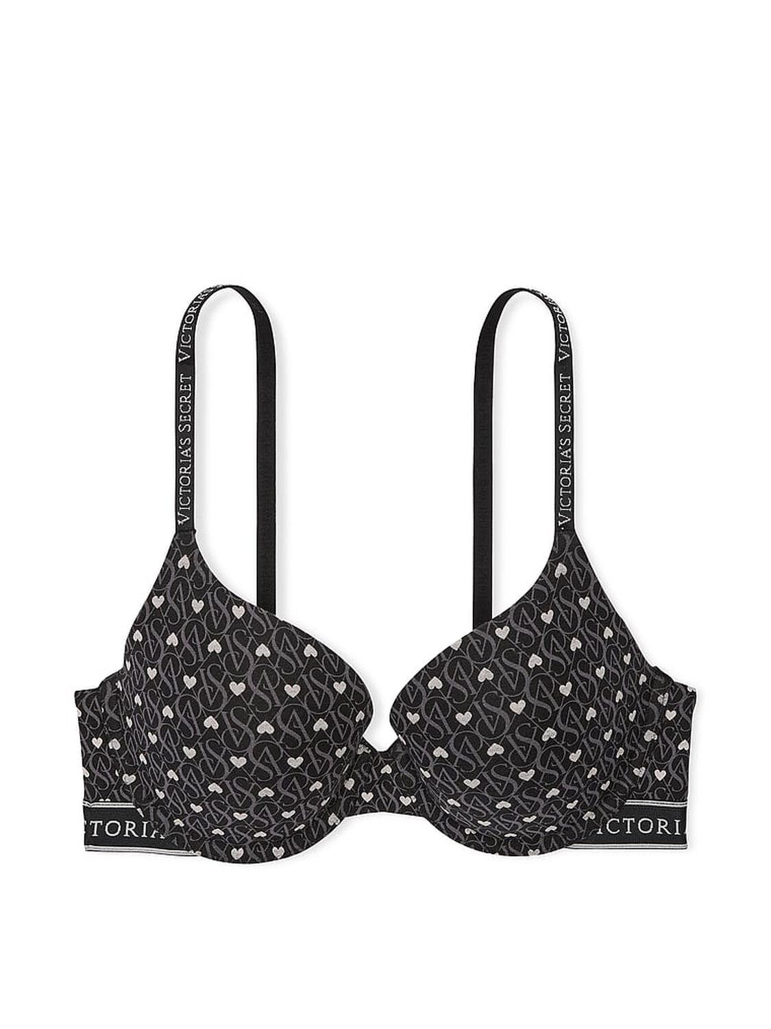 vs The T-Shirt Push-Up Perfect Shape Cotton Bra Black Logo Hearts 3 of 4 