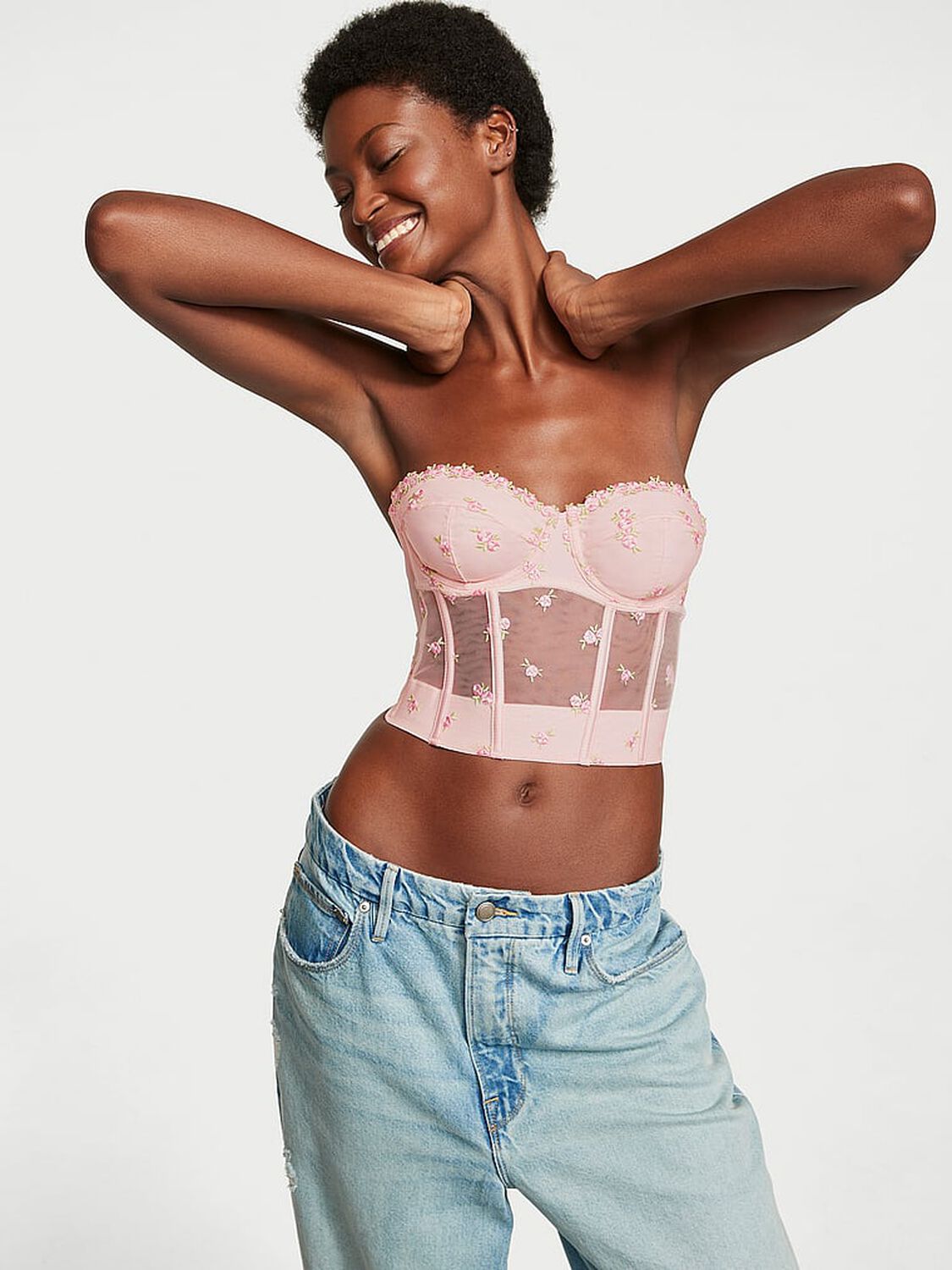 vs Dream Angels Rosebud Embroidery Unlined Strapless Plunge-Back Corset Top Pink Fizz 5 of 5 
