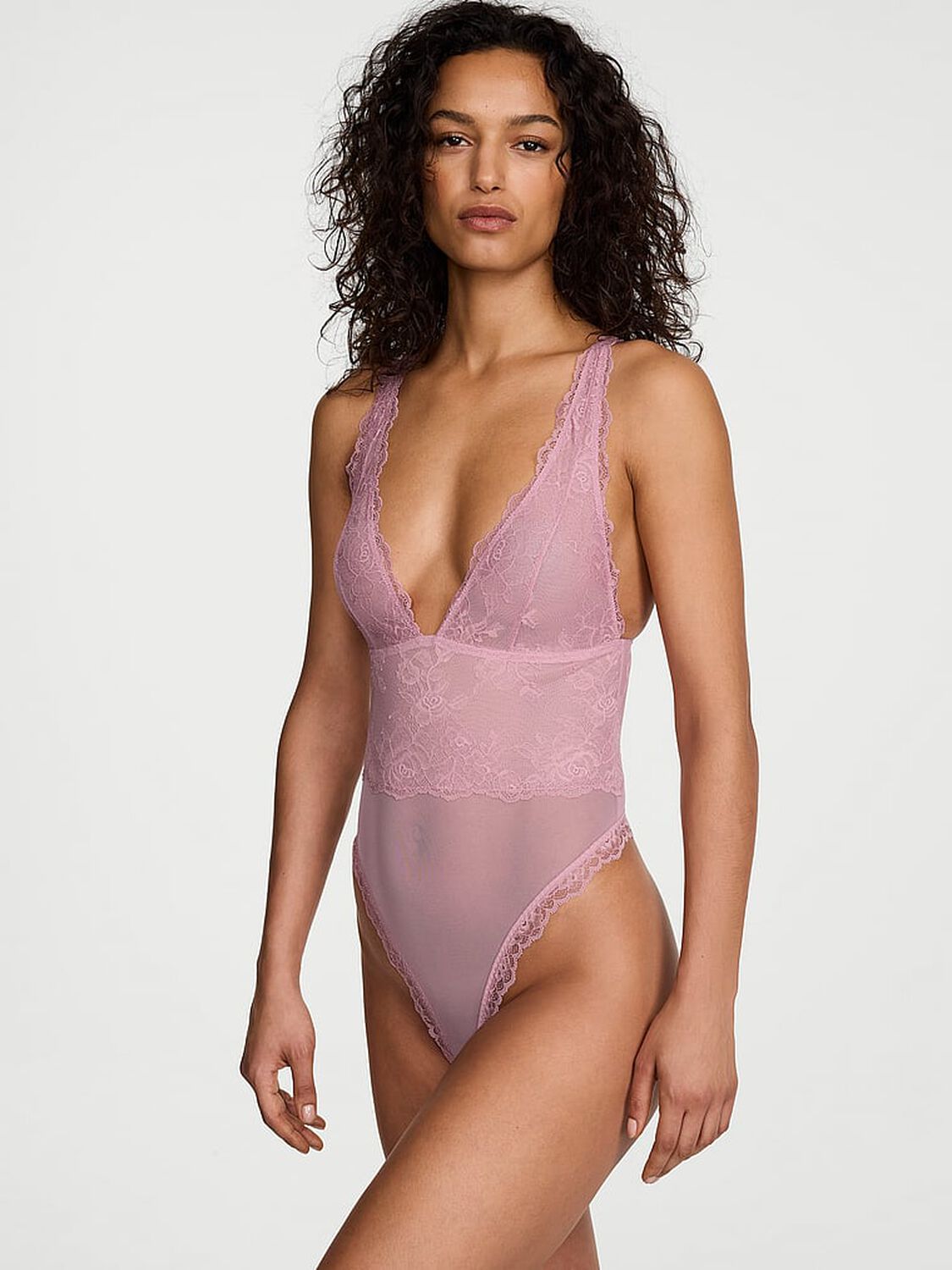 vs Very Sexy Sheer Rose Plunge Bodysuit Dusk Rose 1 of 3 