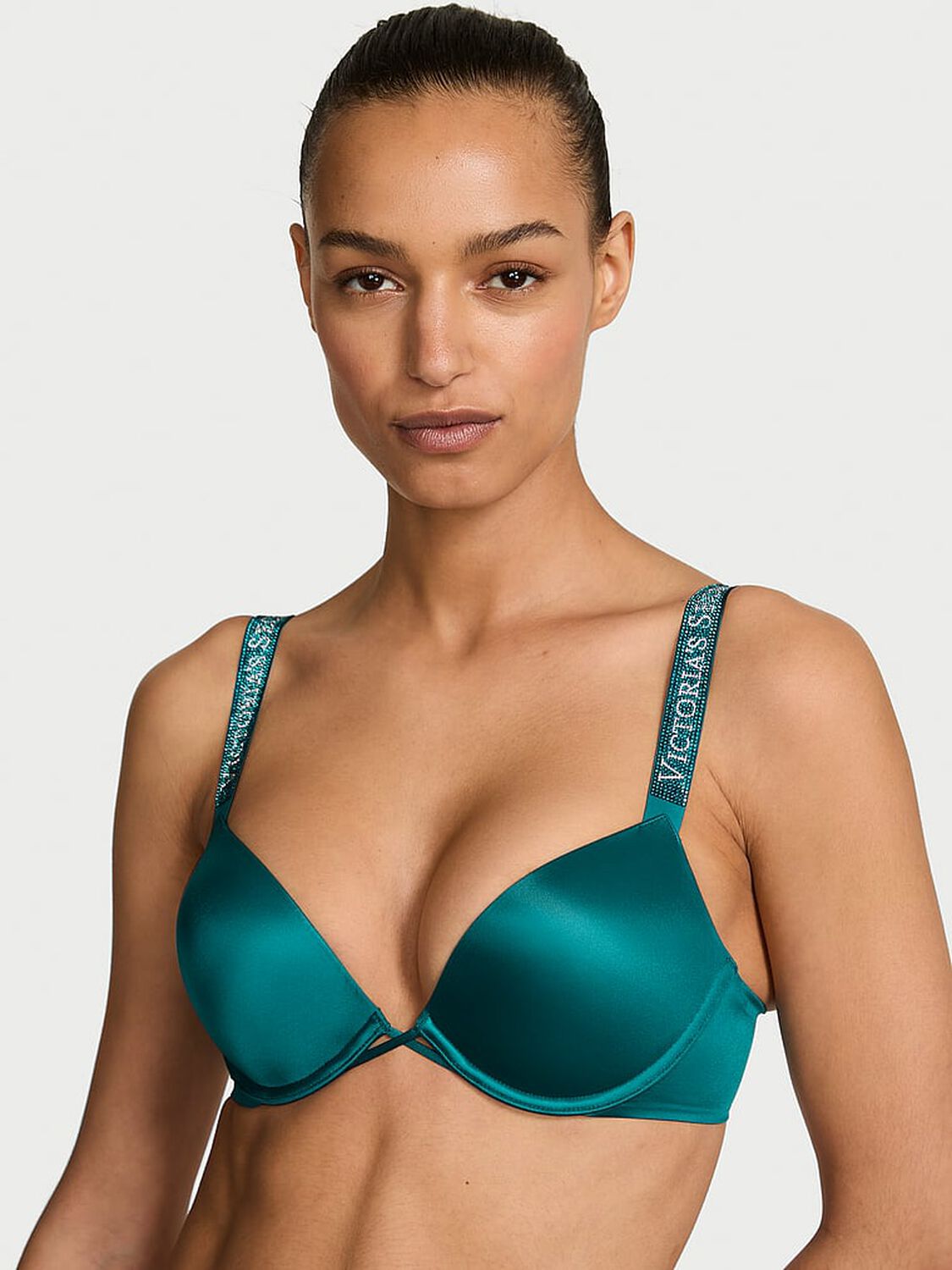 vs Very Sexy Bombshell Logo Shine Strap Add-2-Cups Push-Up Bra True Teal 1 of 3 