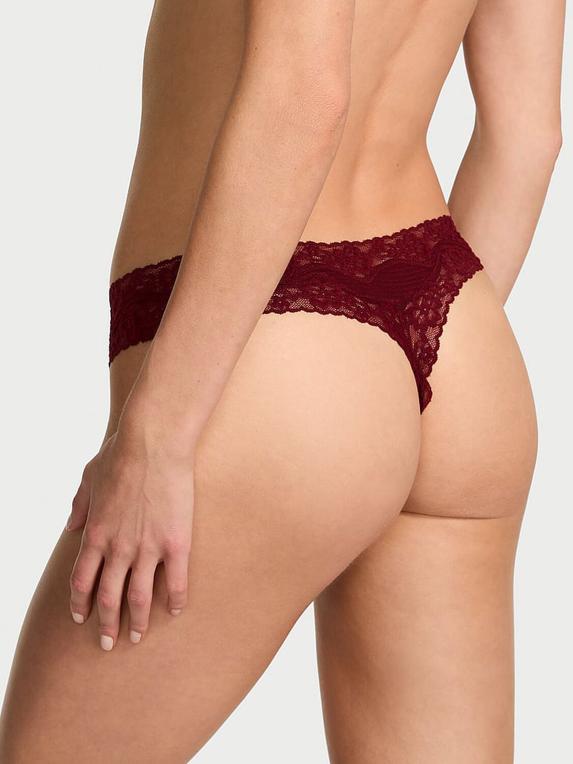 vs Lace Trim Cotton Shadow Stripe Lace-Waist Thong Panty Sangria Red 2 of 2 