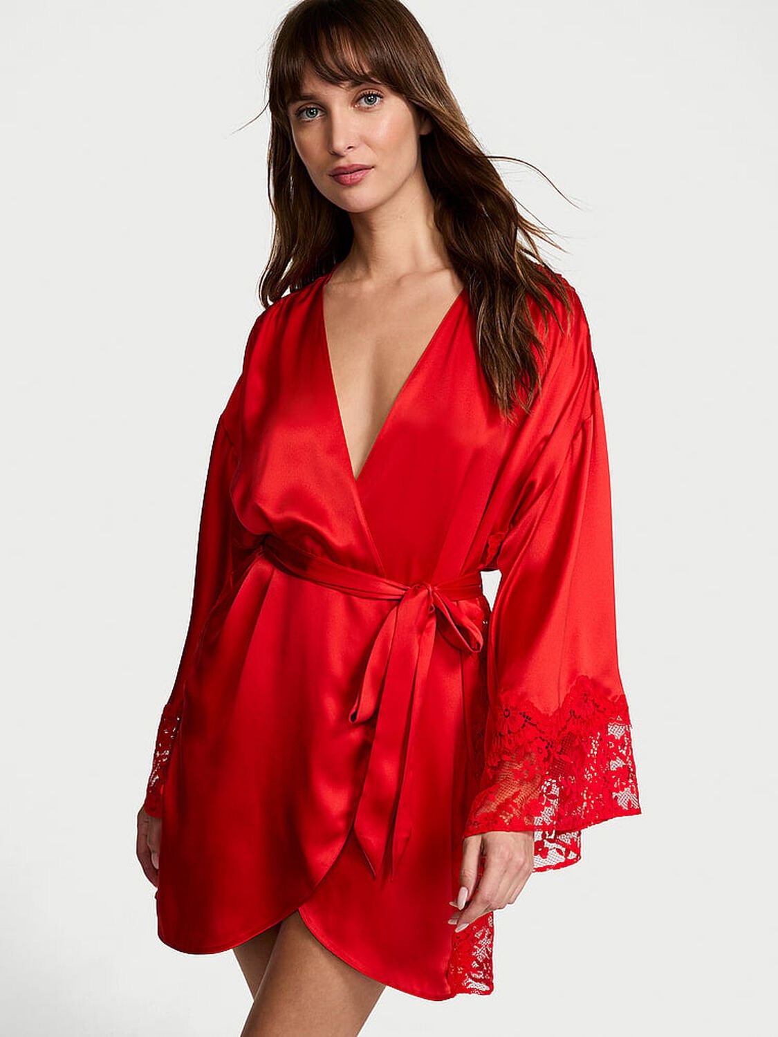 vs Victoria's Secret Victoria's Secret Dream Satin & Lace Trim Robe Bright Vermillion 1 of 4 