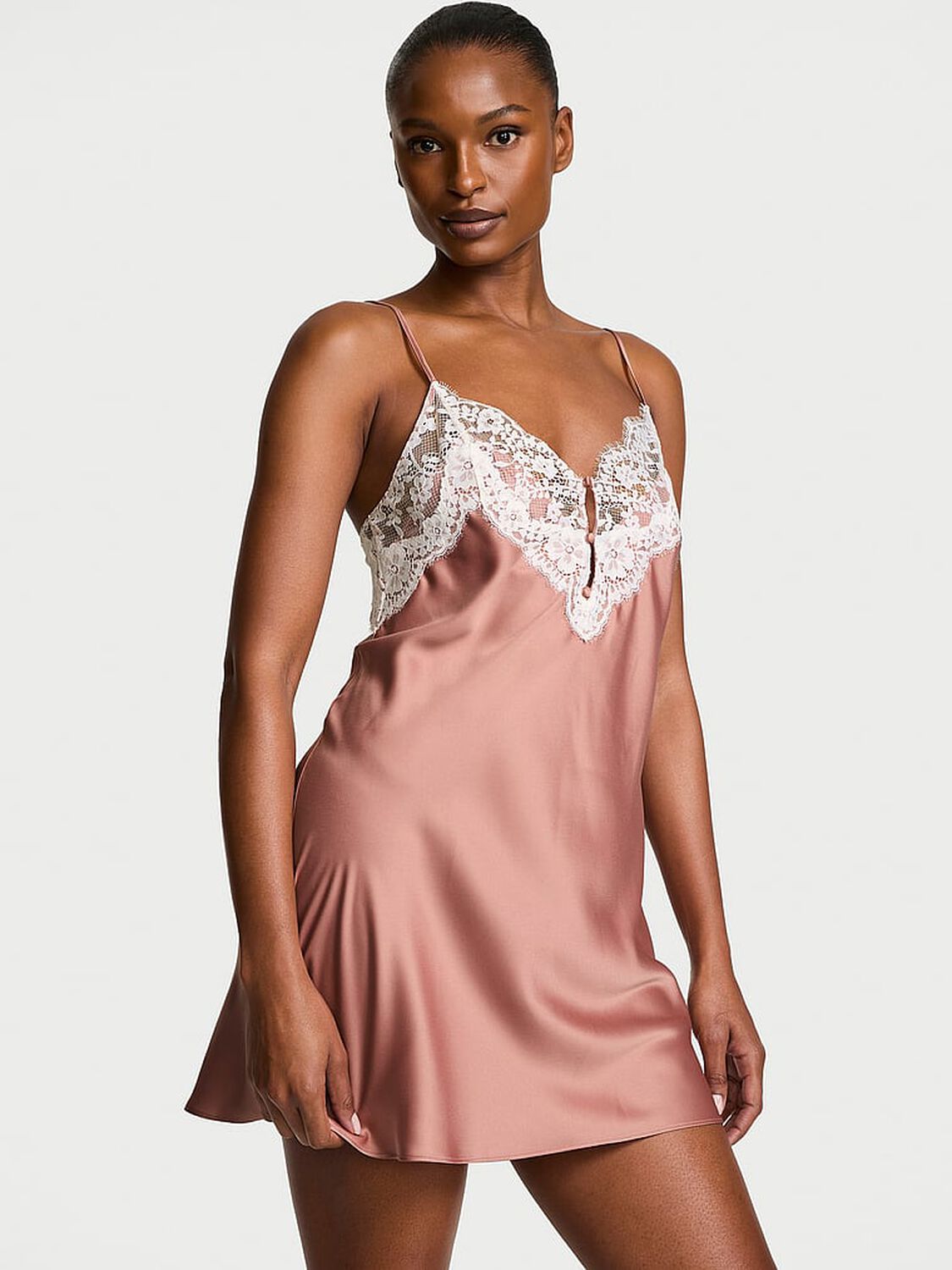 vs Dream Angels Satin Lace-Trim Short Slip Dress Antique Rose 1 of 3 