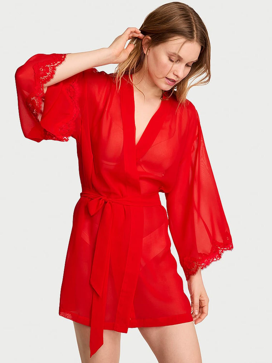 vs Dream Angels Chiffon & Lace Short Robe Bright Vermillion 1 of 3 