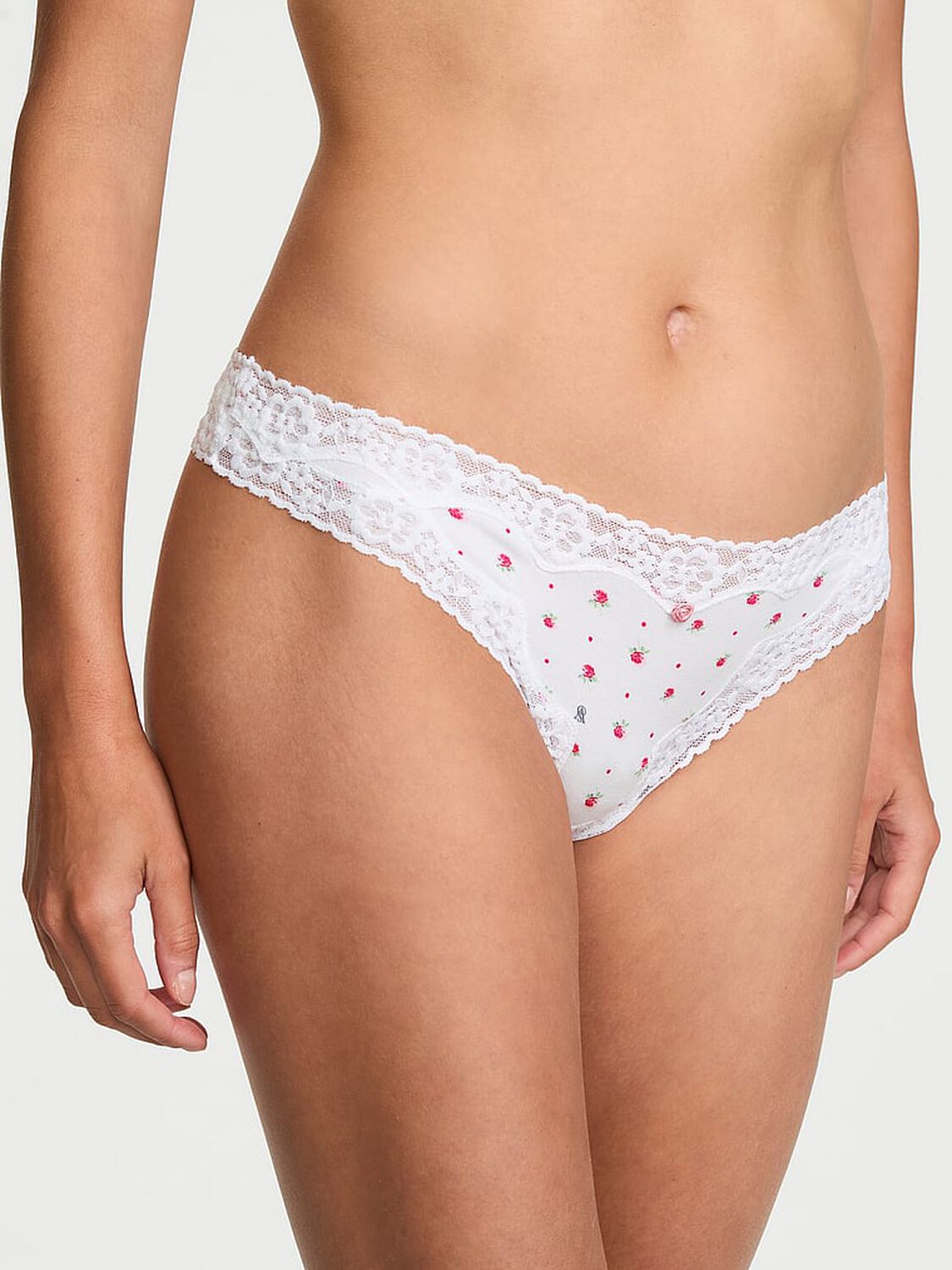 vs Lace Trim Cotton Lace-Waist Thong Panty Vs White Dot Floral 1 of 2 
