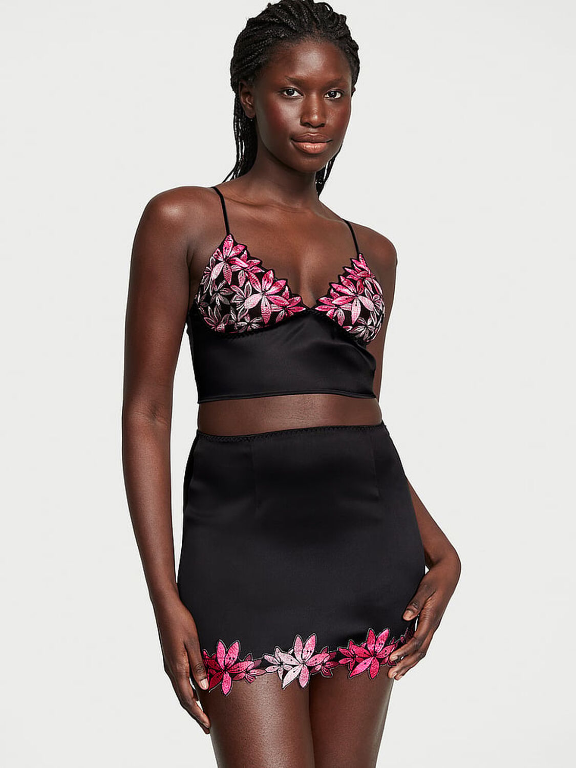vs Victoria's Secret Ziggy Glam Floral Embroidery Cami Slip Skirt Set Black 1 of 3 