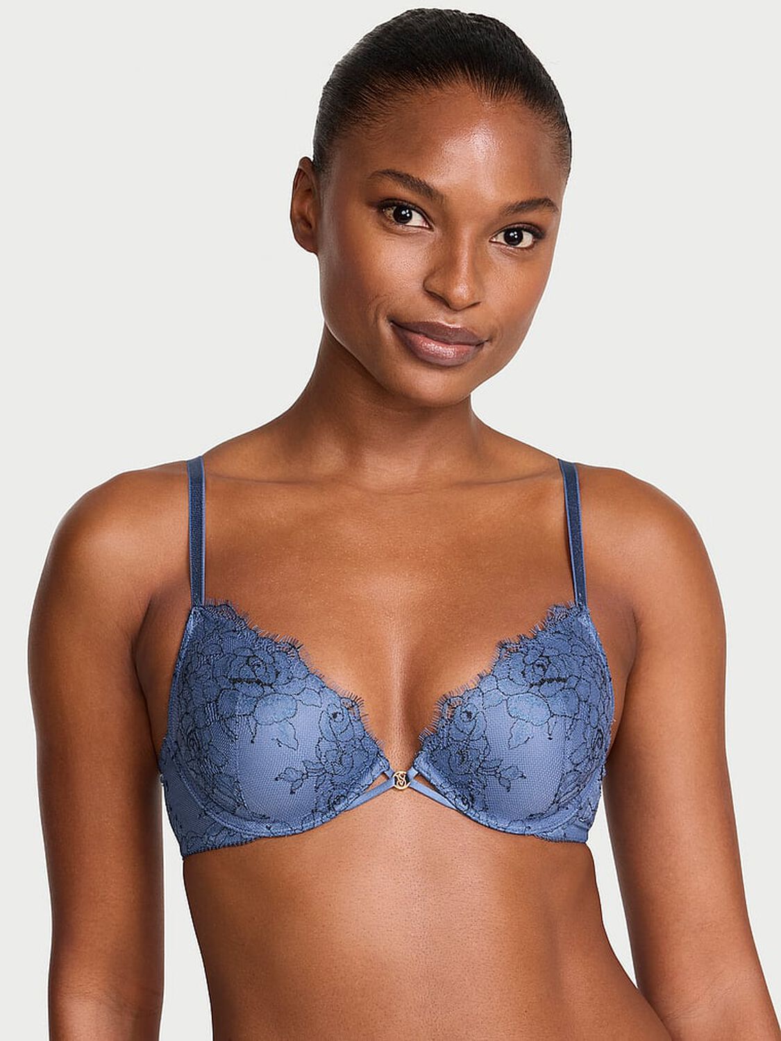 vs Very Sexy Denim Rose Lace Lightly Lined Plunge Demi Bra Denim Blue 1 of 3 