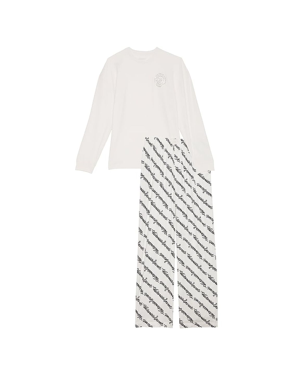 vs Victoria's Secret Flannel Long-Sleeve Tee-Jama Set White Ribbon Script 3 of 4 
