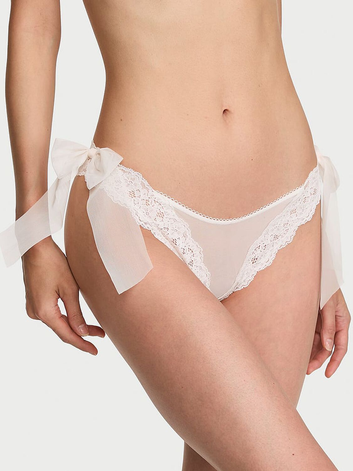 vs Dream Angels Lace & Mesh Side-Bow Brazilian Panty Coconut White 1 of 3 