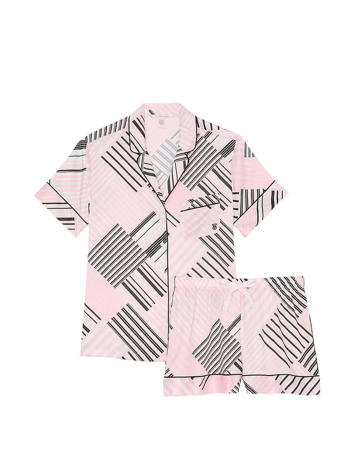 vs Victoria's Secret Glazed Satin Short Pajama Set Pink Frosting Patchwork Stripes 3 of 3 