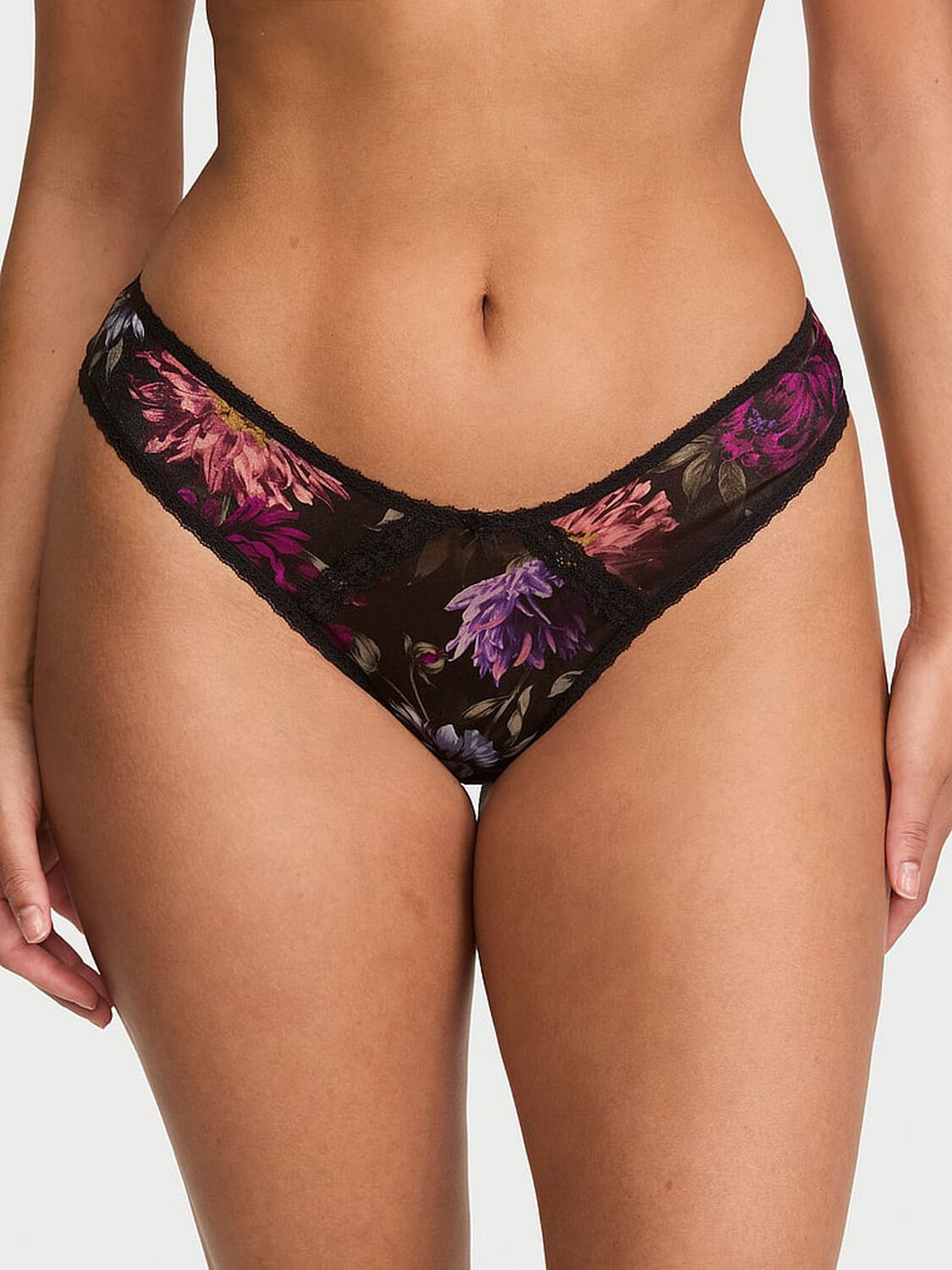 vs Dream Angels Sheer Shimmer Lace-Trim Brazilian Panty Dark Bloomy Floral 1 of 2 