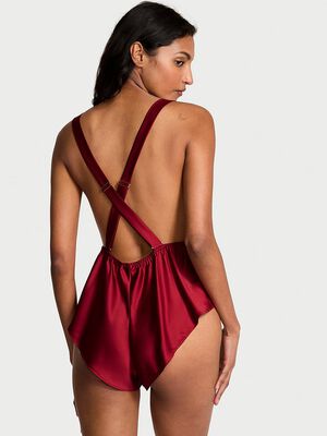 Satin Lace-Trim Square-Neck Flutter Romper