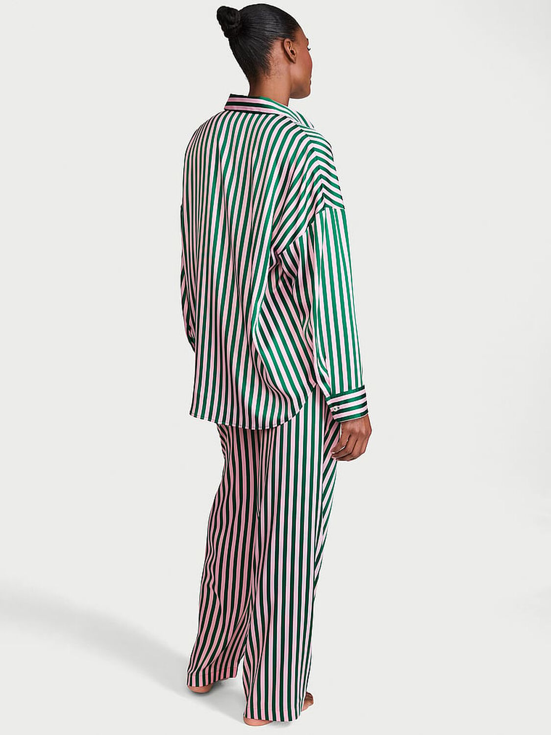 vs Victoria's Secret Signature Satin Oversized Long Pajama Set Prettiest Pine & Angel Pink Stripes 2 of 3 