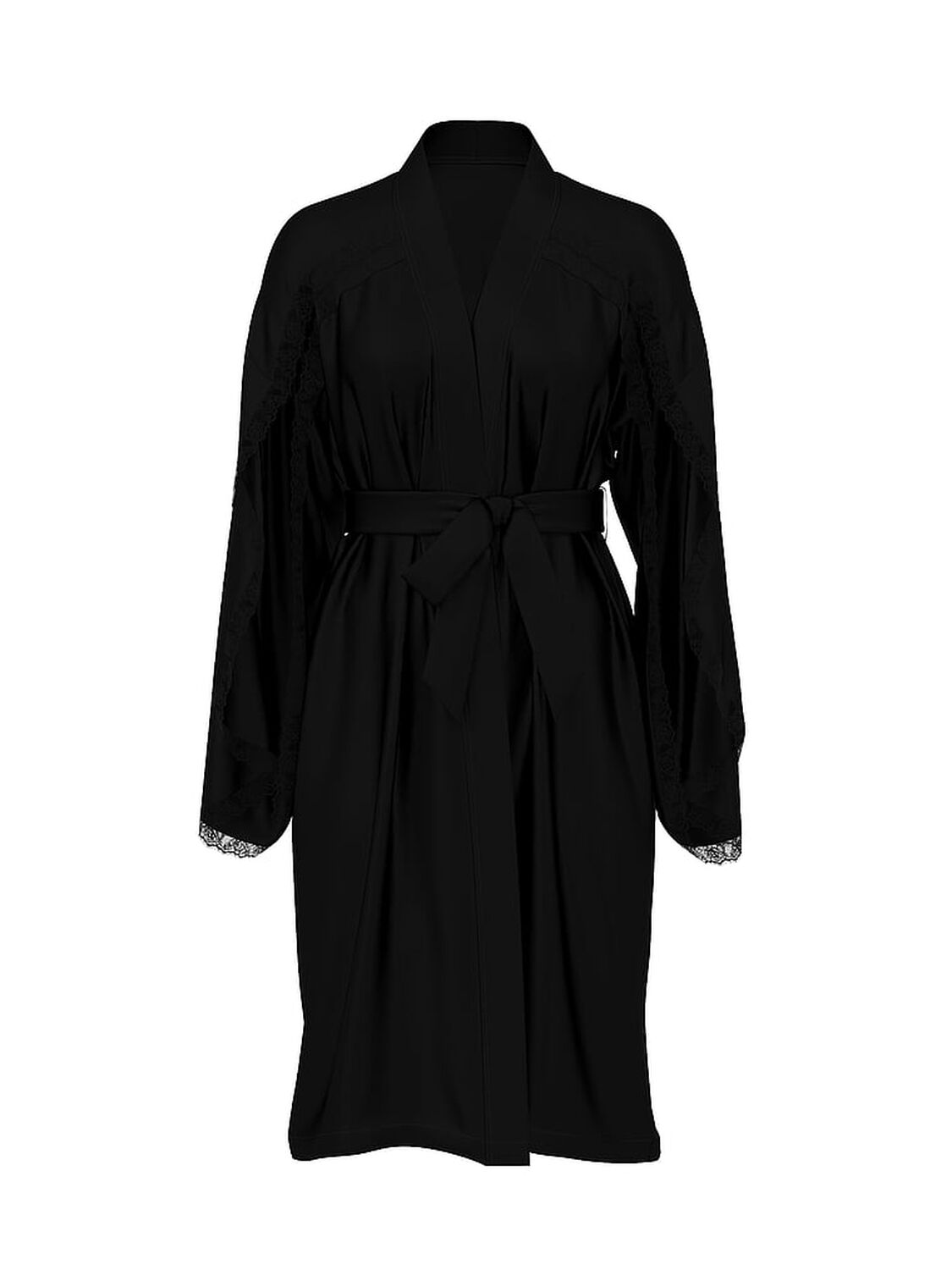 vs Very Sexy Satin Rose Lace-Trim Midi Robe Black 1 of 3 