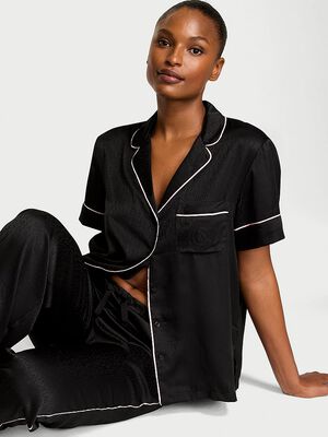 Glazed Satin Short-Sleeve Long Pajama Set