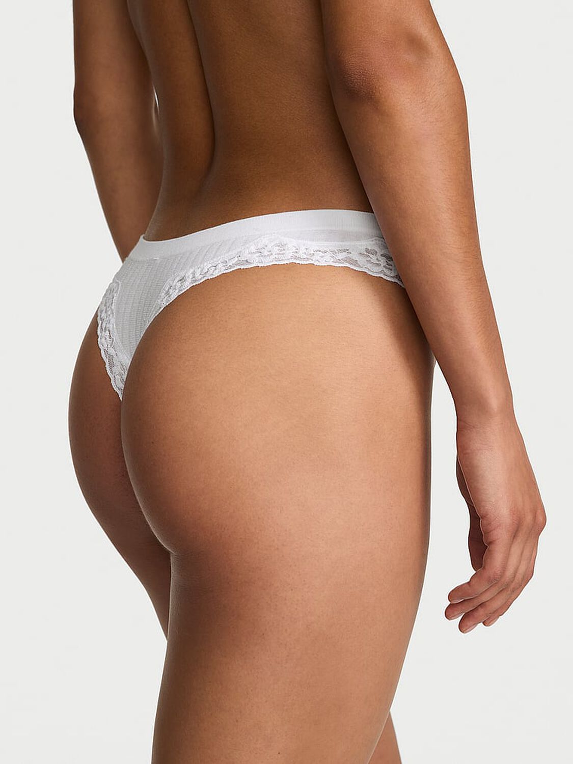 vs Seamless Seamless Rib Lace-Trim Thong Panty Vs White 1 of 3 