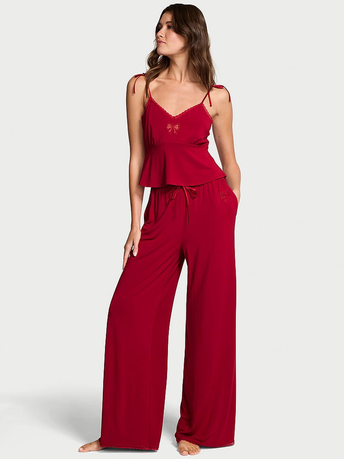 vs Victoria's Secret Modal Soft Bow Cami & Wide-Leg Pant Set Red Lacquer 1 of 2 