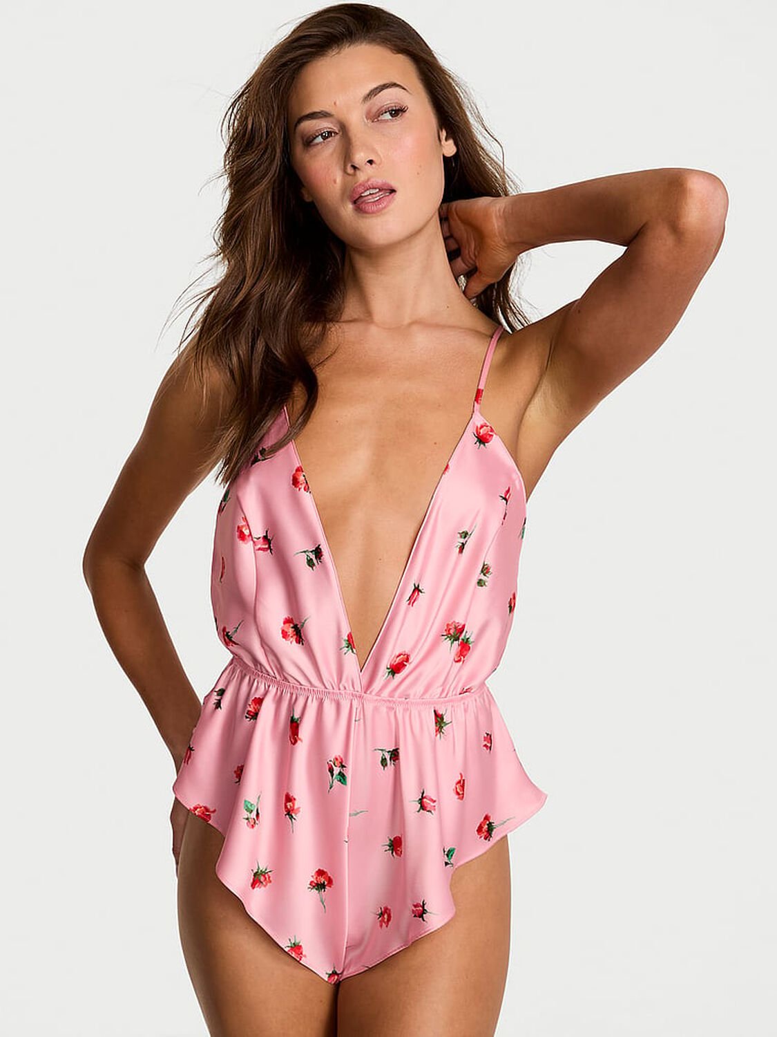 vs Victoria's Secret Satin Flutter Romper Petal Pink Floral 1 of 3 