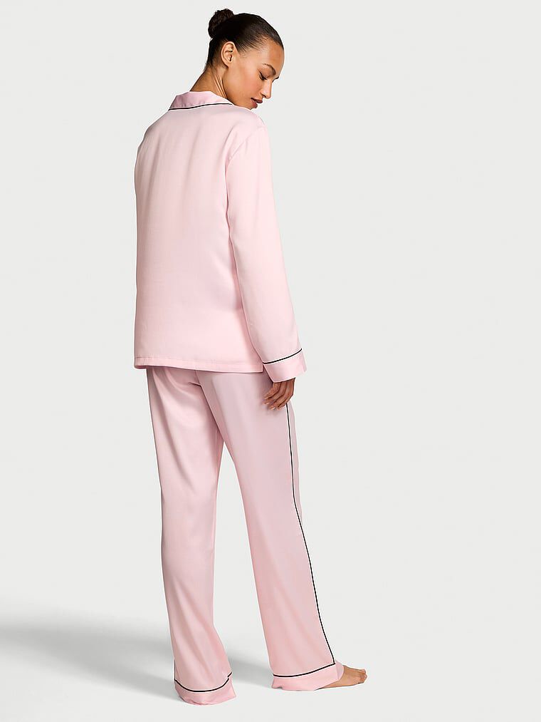 Signature Satin Long Pajama Set Angel Pink W Collar Embroidery XL